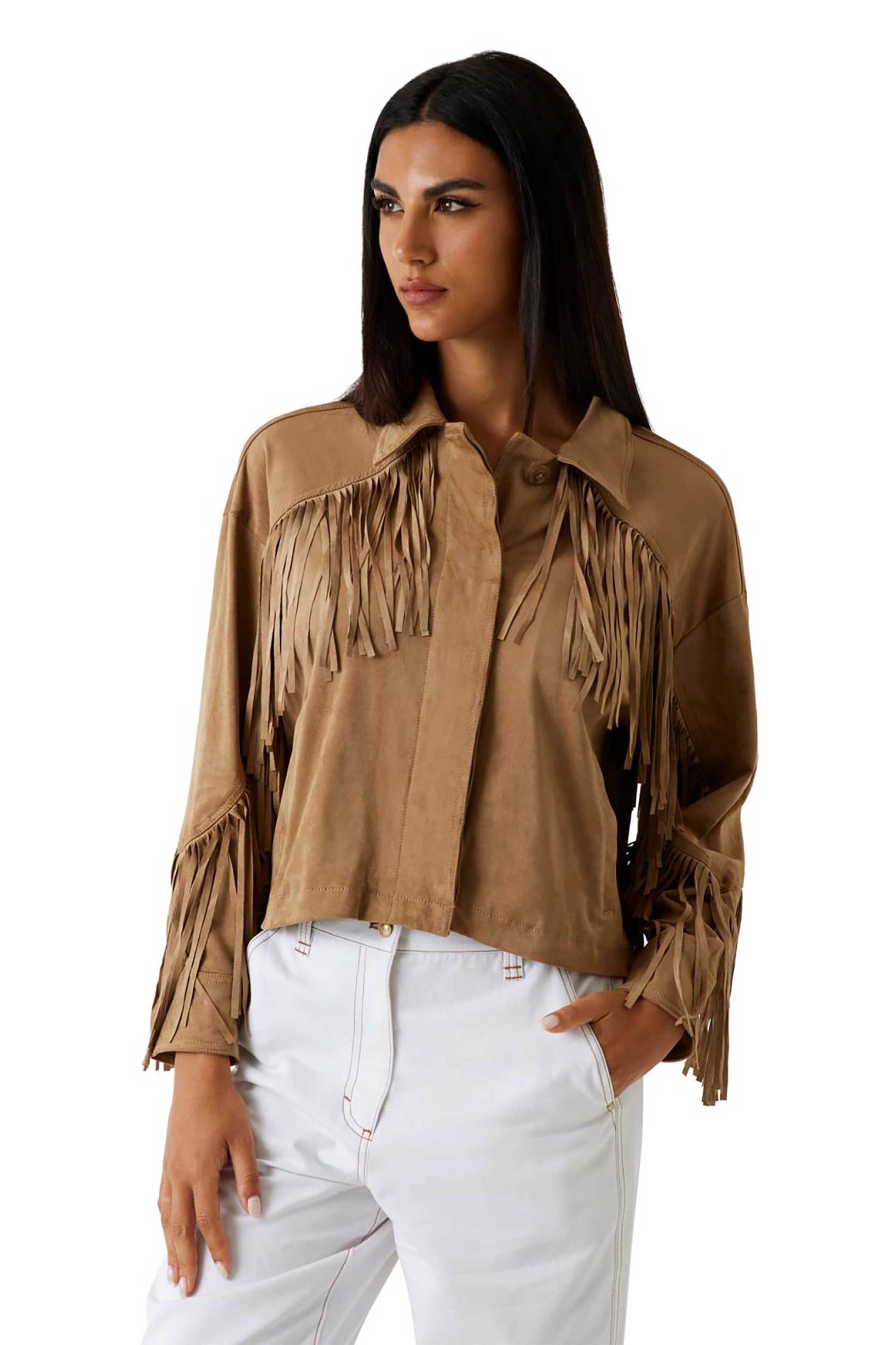 Guess γυναικείο cropped jacket με κρόσσια "Ibby" - W6GL45W2466 Καφέ Ανοιχτό