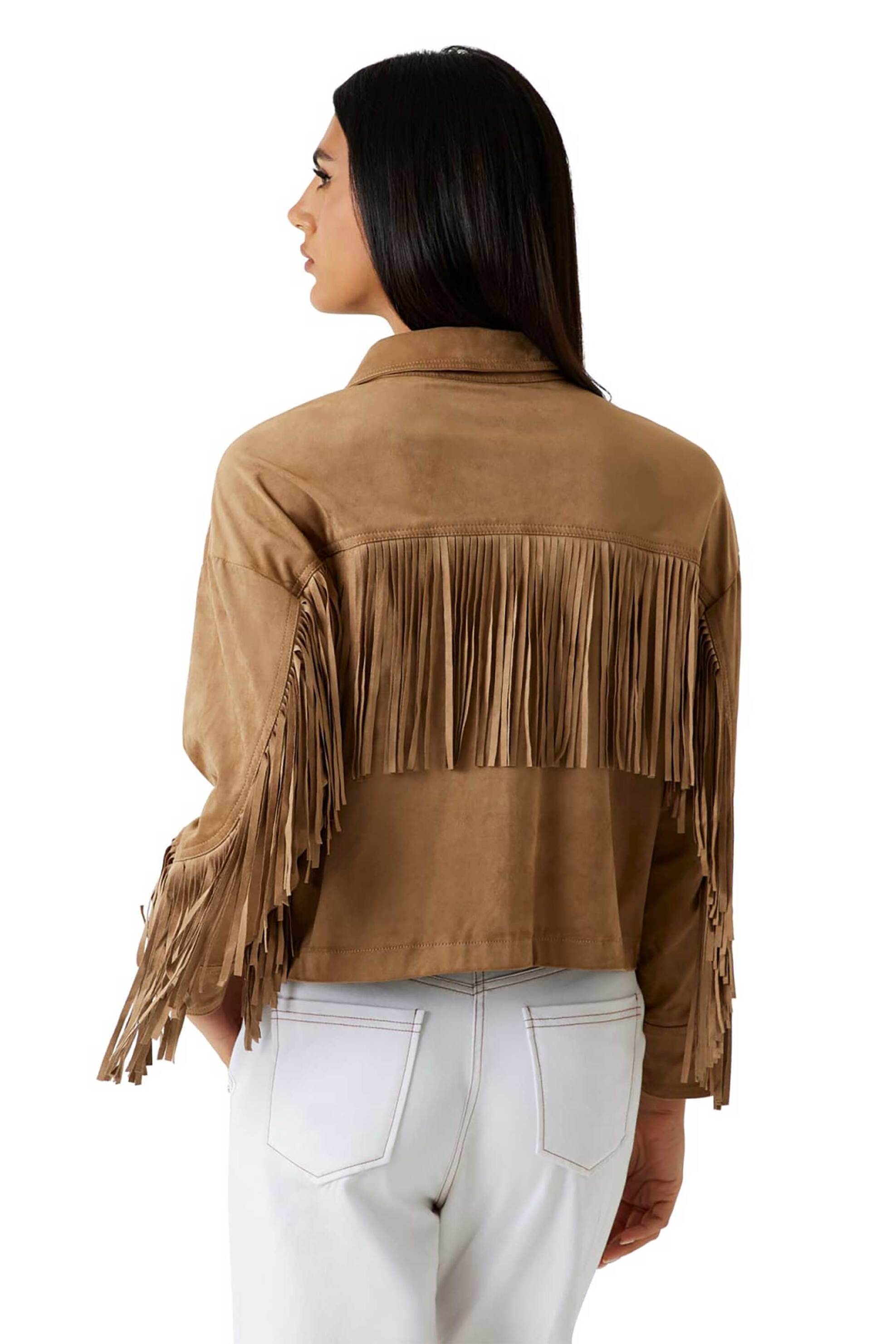 GUESS Guess γυναικείο cropped jacket με κρόσσια "Ibby" - W6GL45W2466 Καφέ Ανοιχτό - 2