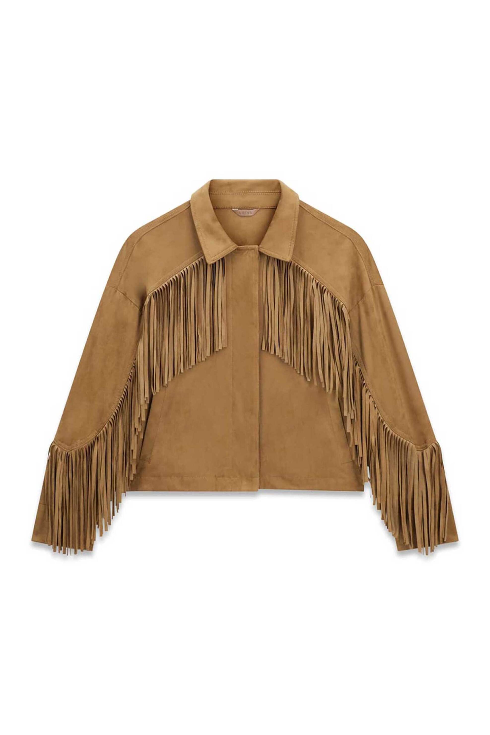 GUESS Guess γυναικείο cropped jacket με κρόσσια "Ibby" - W6GL45W2466 Καφέ Ανοιχτό - 3