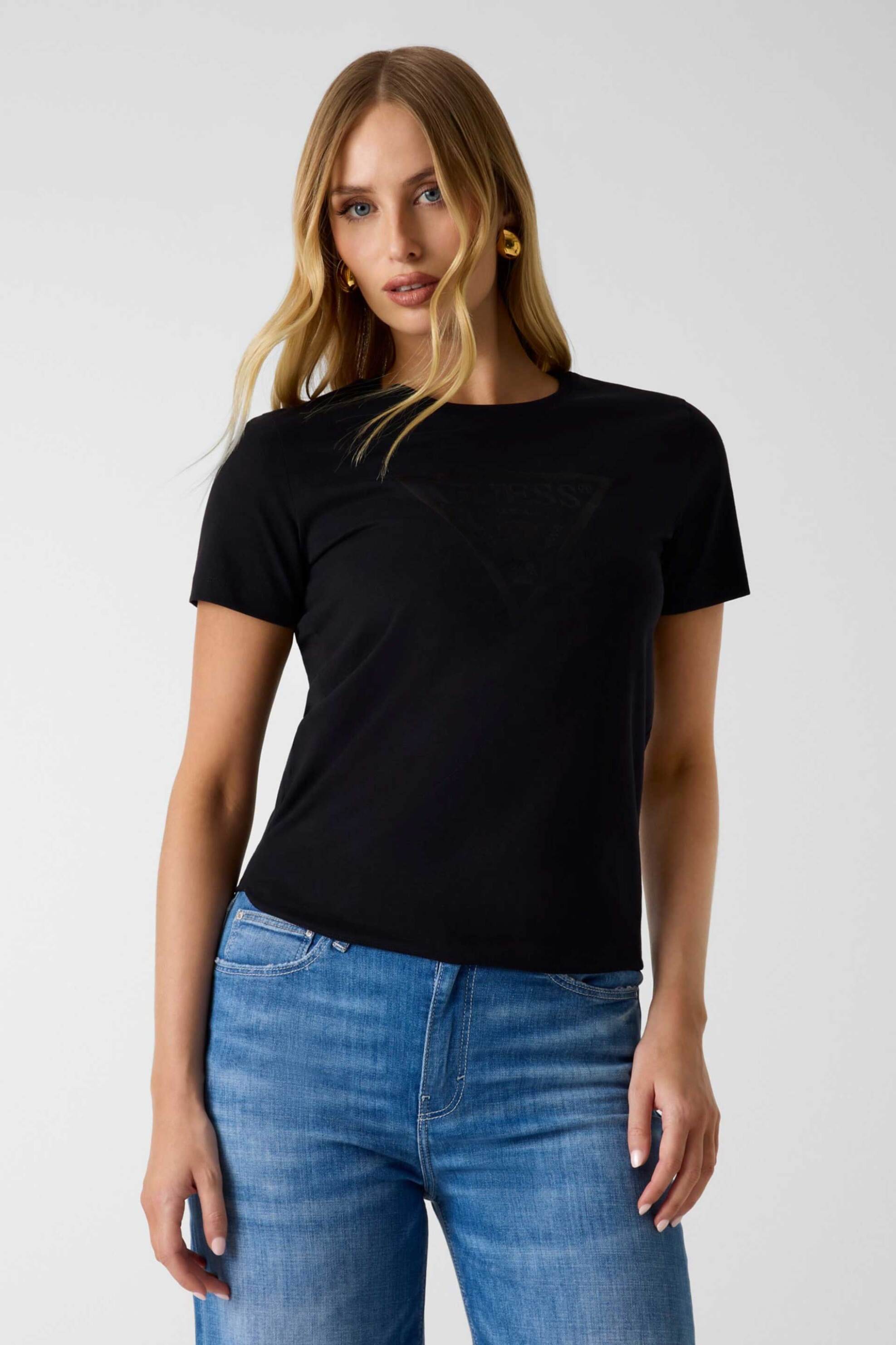 Guess γυναικείο T-shirt με μεταλλιζέ logo print Regular Fit - W6YI14K3855 Μαύρο