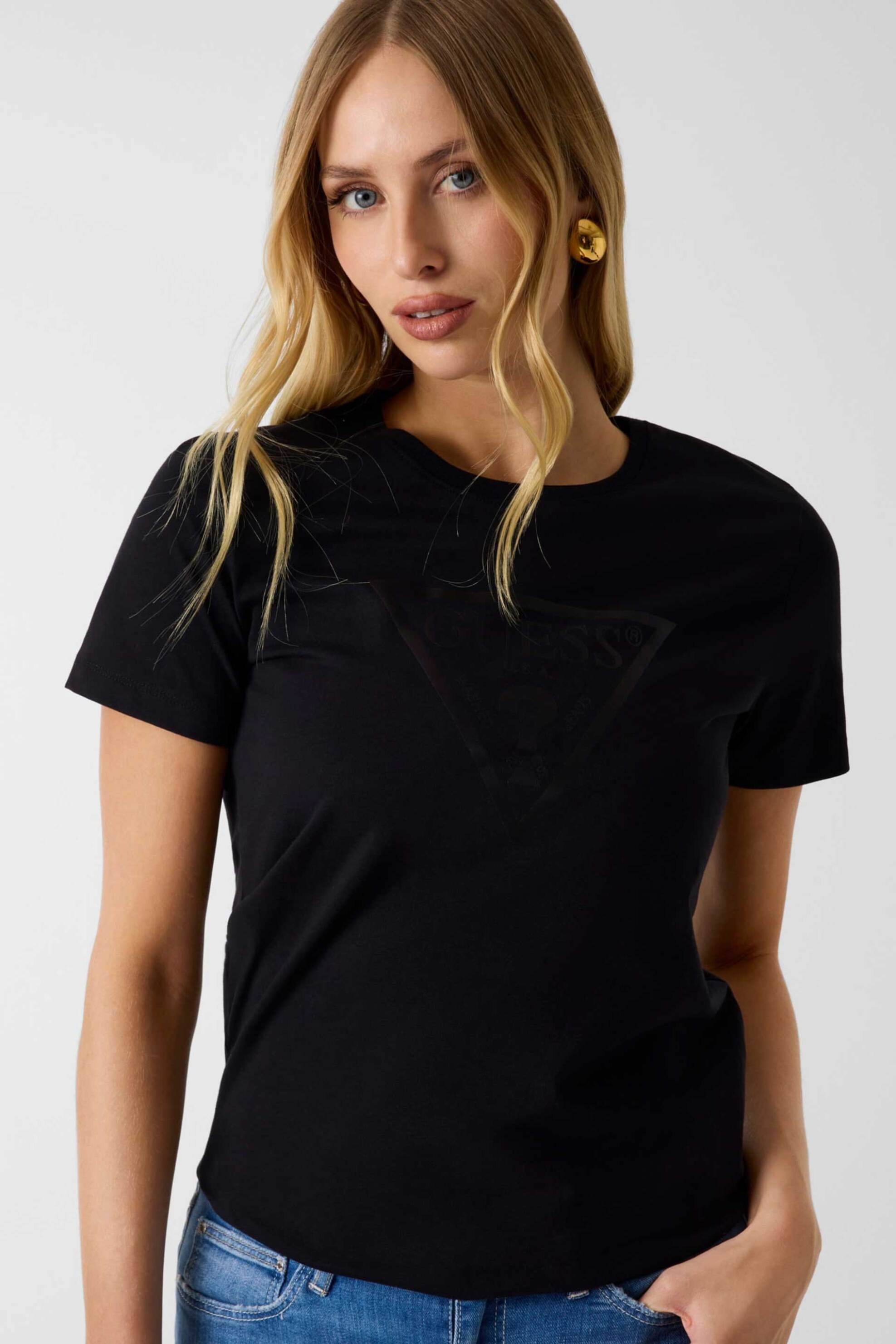 Guess γυναικείο T-shirt με μεταλλιζέ logo print Regular Fit - W6YI14K3855 Μαύρο