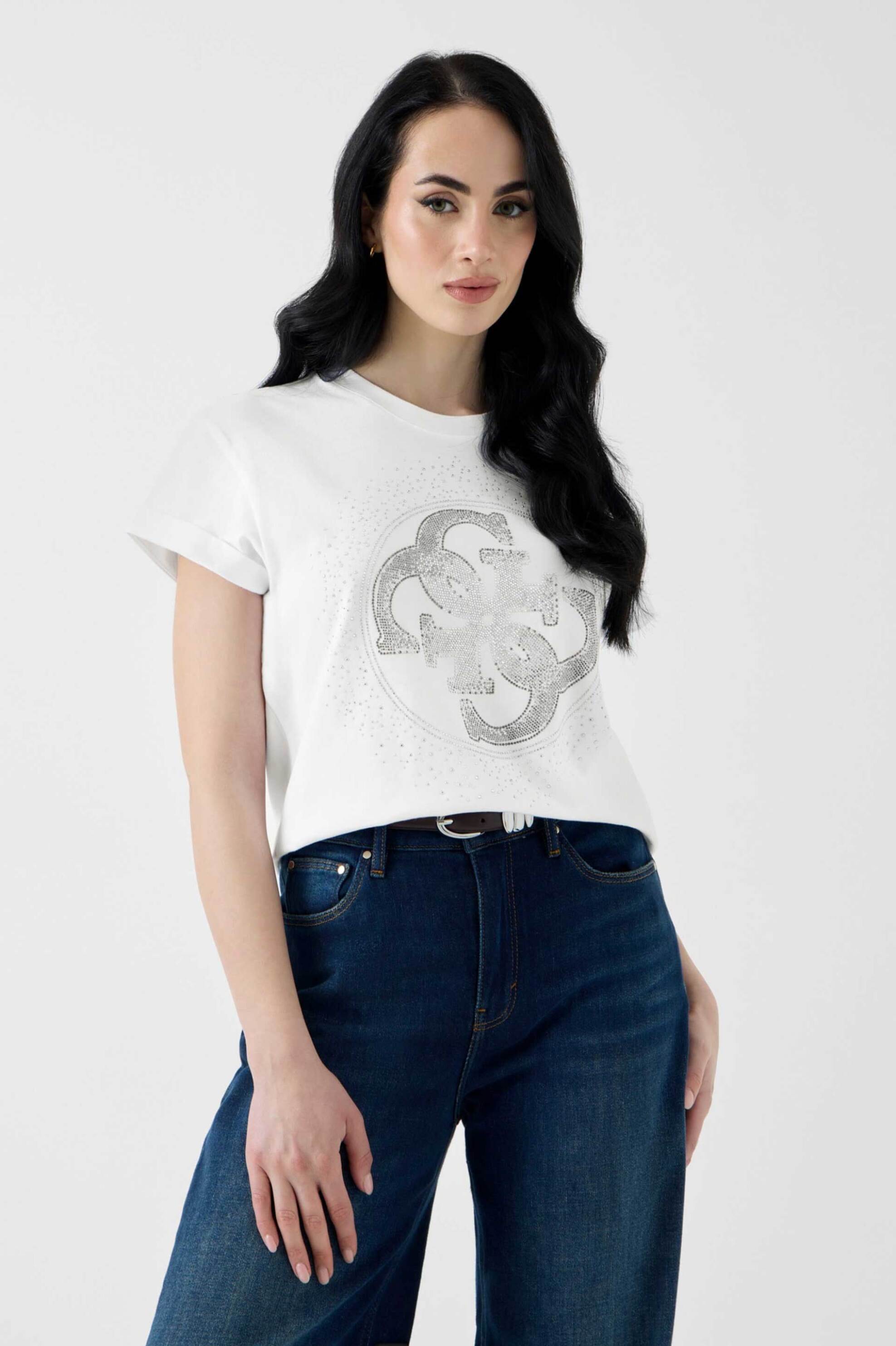 Guess γυναικείο T-shirt με nonogram logo από στρας Regular Fit - W6YI18K4331 Λευκό