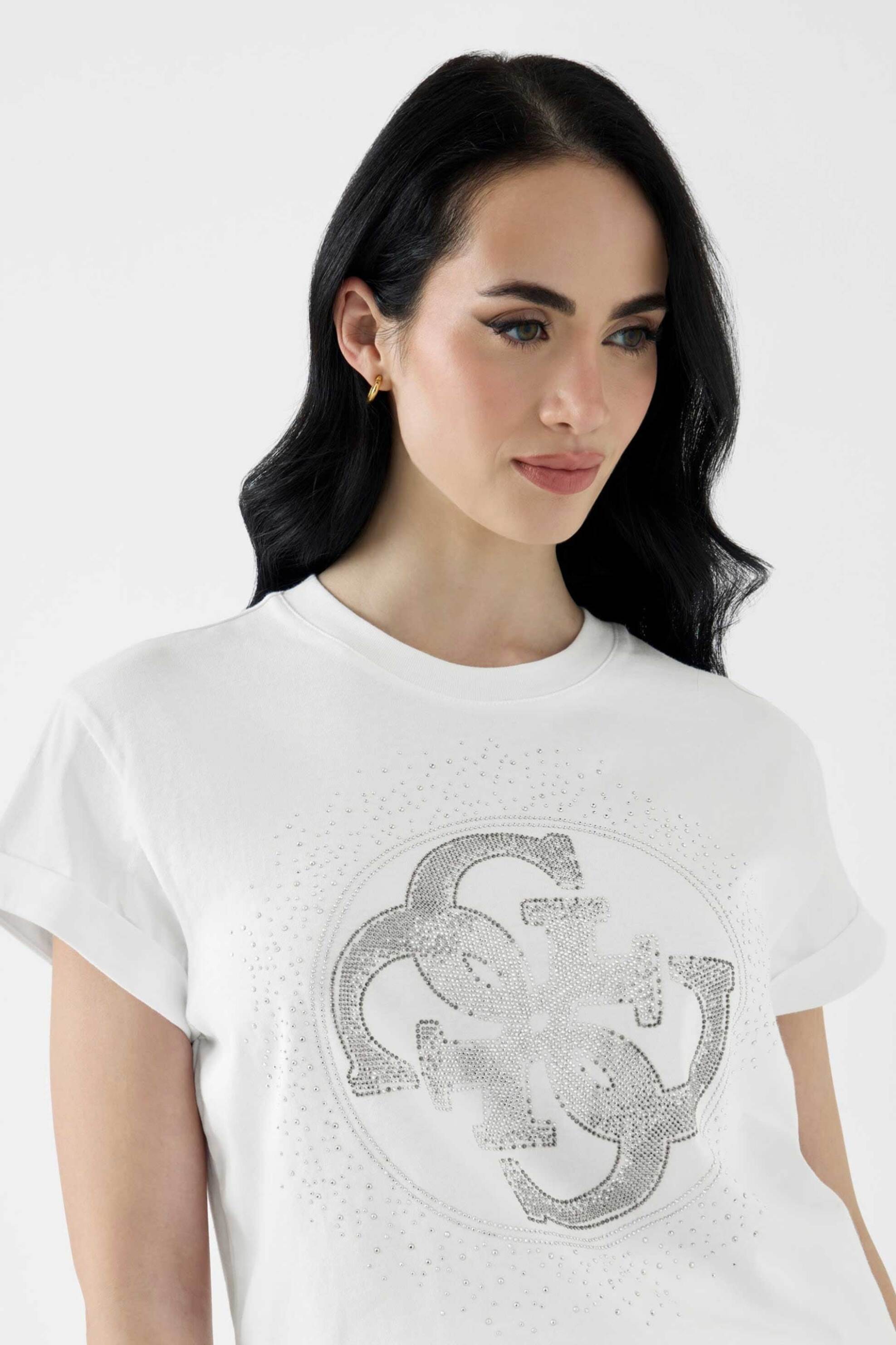 Guess γυναικείο T-shirt με nonogram logo από στρας Regular Fit - W6YI18K4331 Λευκό