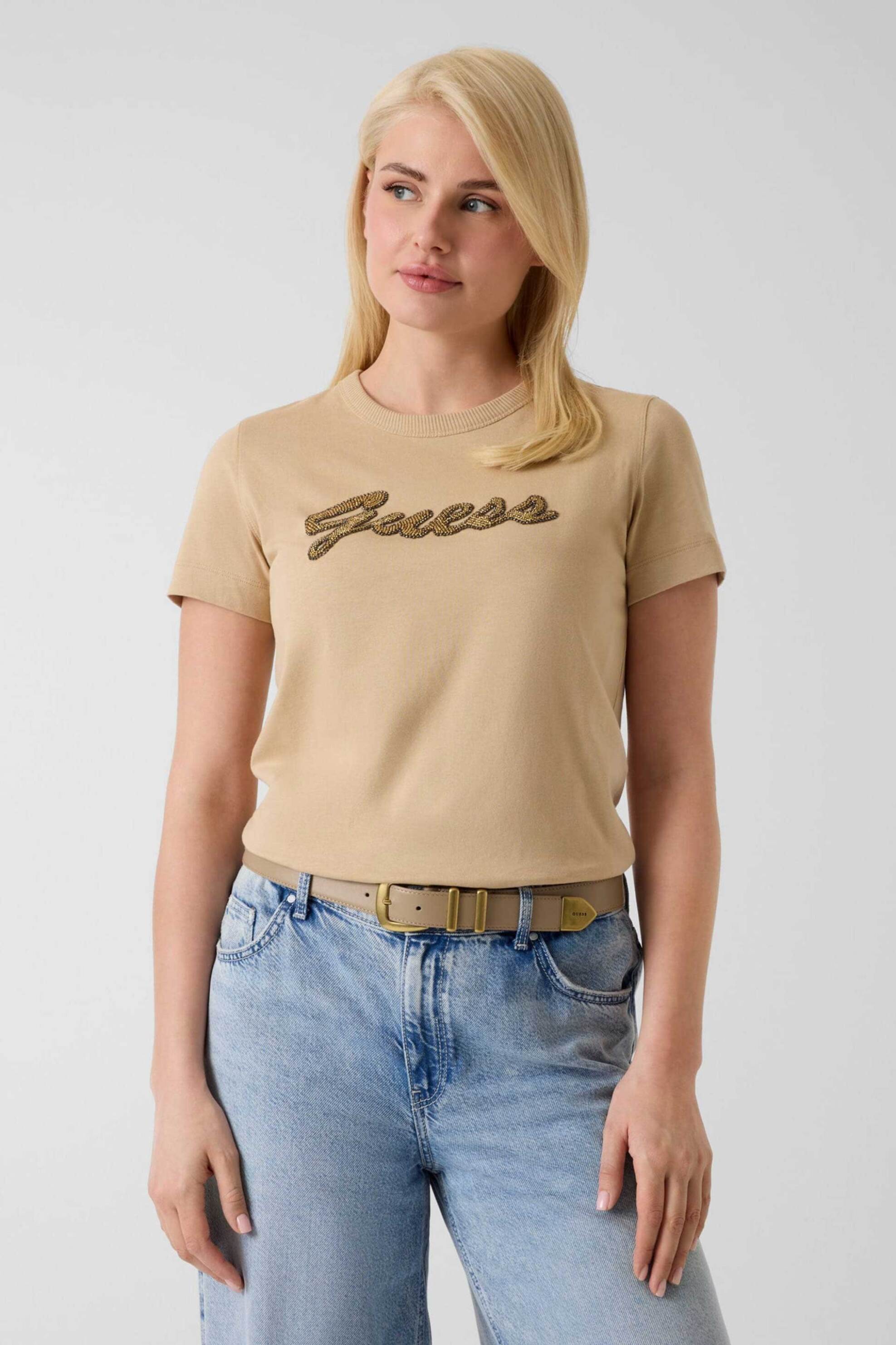 Guess γυναικείο T-shirt με λογότυπο από χάντρες Regular Fit - W6YI29K4348 Μπεζ