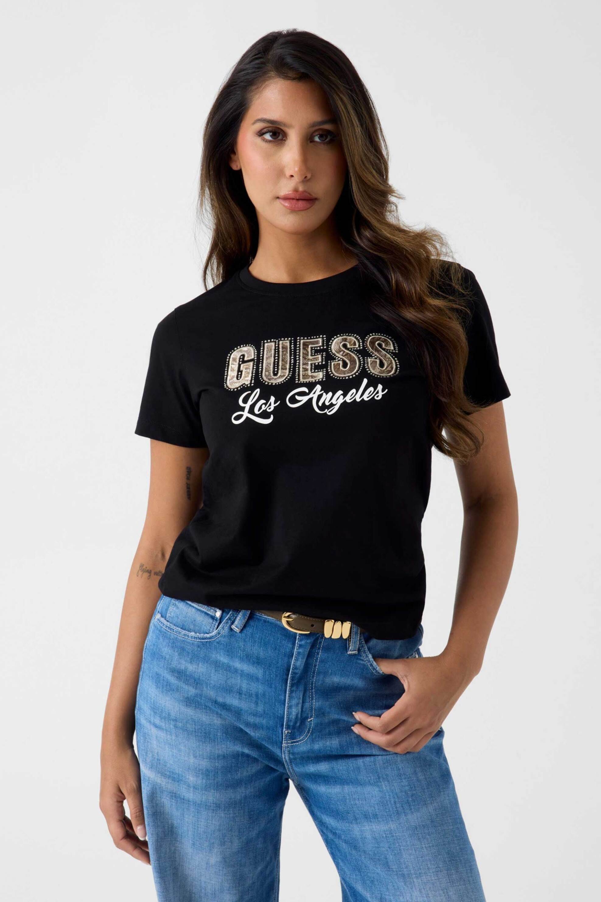 Guess γυναικείο T-shirt με logo print με στρας Regular Fit - W6YI30K4349 Μαύρο