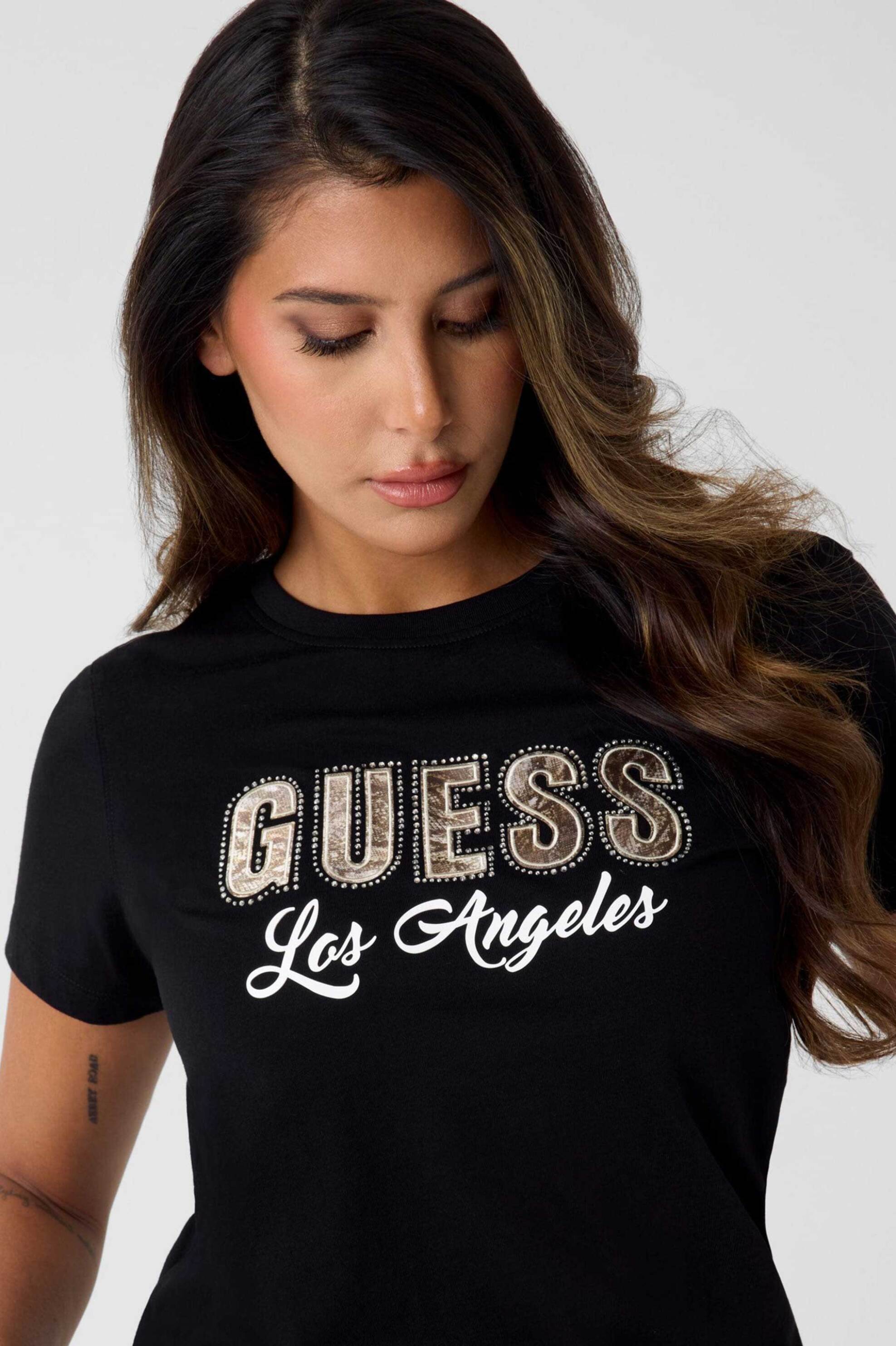 Guess γυναικείο T-shirt με logo print με στρας Regular Fit - W6YI30K4349 Μαύρο