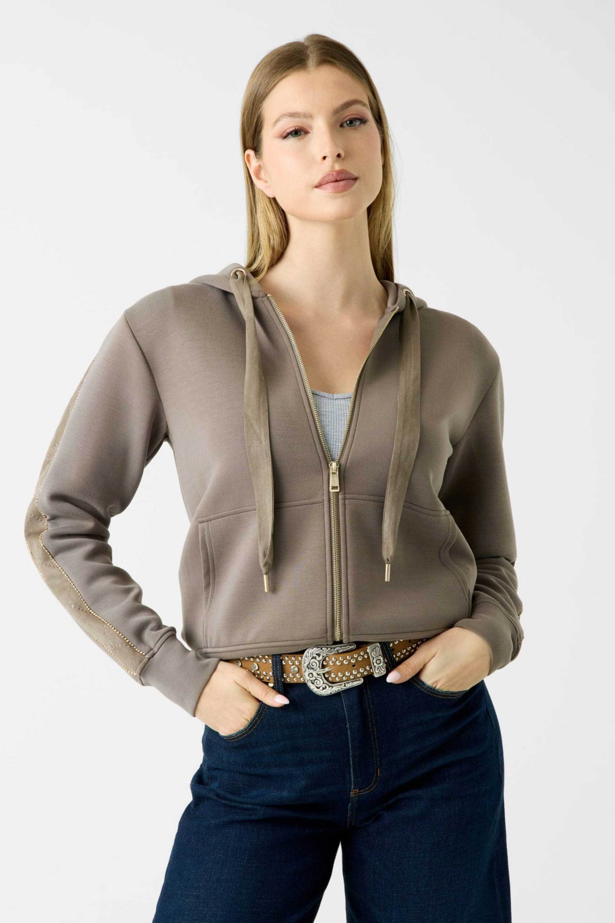 Guess γυναικεία ζακέτα φούτερ με κουκούλα και στρας στα μανίκια Regular Fit - W6YQ16K4354 Taupe