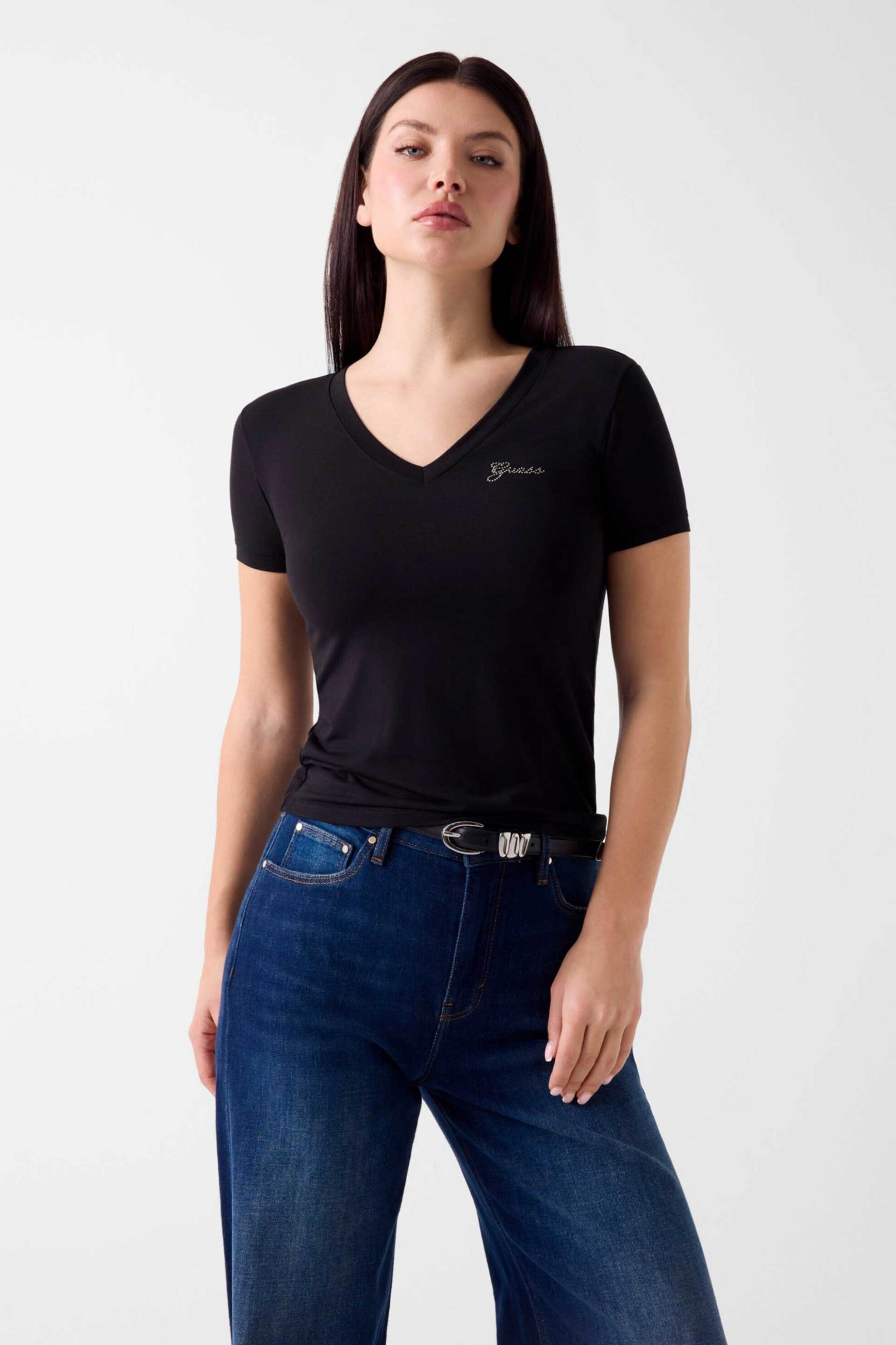 Guess γυναικείο T-shirt με λογότυπο από στρας Slim Fit - W6YI13K3853 Μαύρο