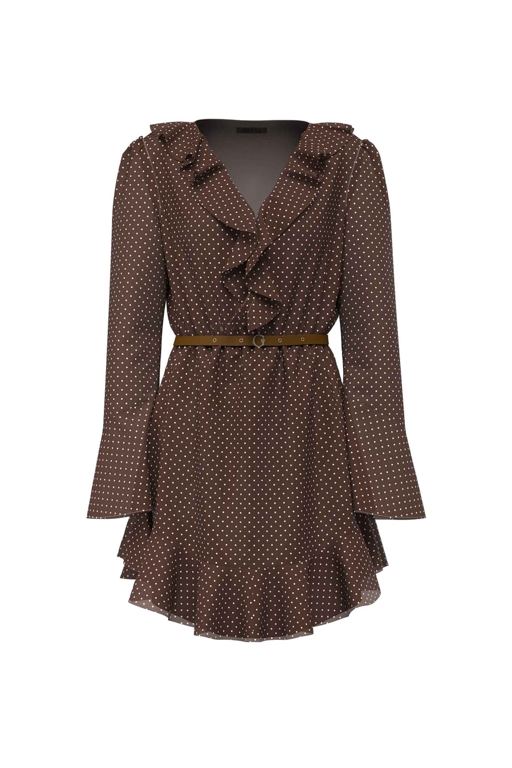 Guess γυναικείο mini φόρεμα με πουά σχέδιο, βολάν και ζώνη Flared Fit 