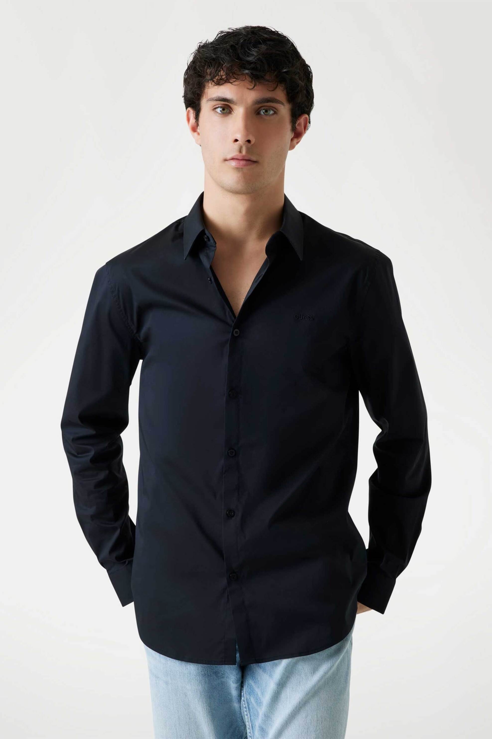 Guess ανδρικό πουκάμισο μονόχρωμο Slim Fit - M1YH20W7ZK1 Μαύρο