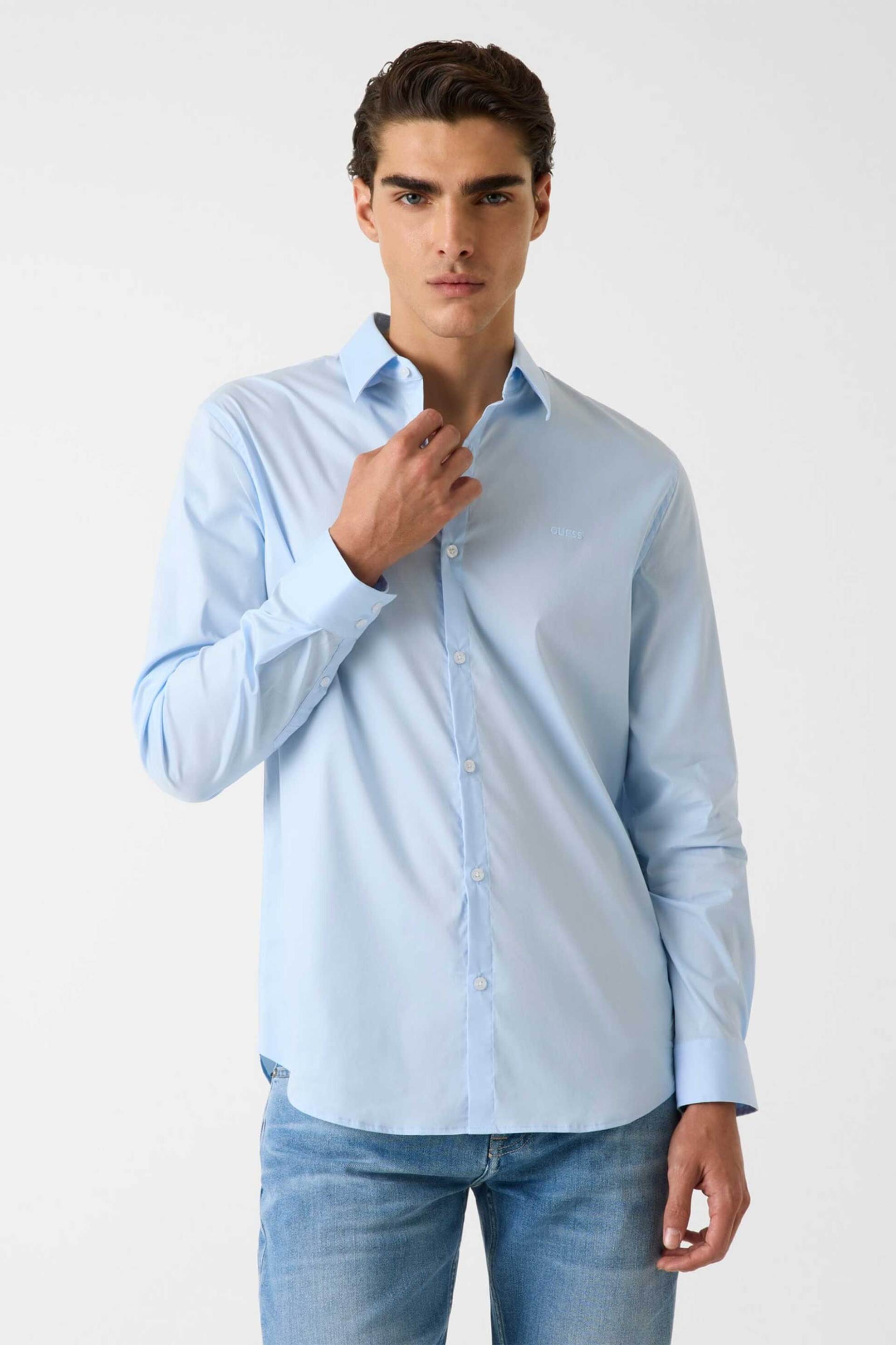 Guess ανδρικό πουκάμισο μονόχρωμο Slim Fit - M1YH20W7ZK1 Γαλάζιο