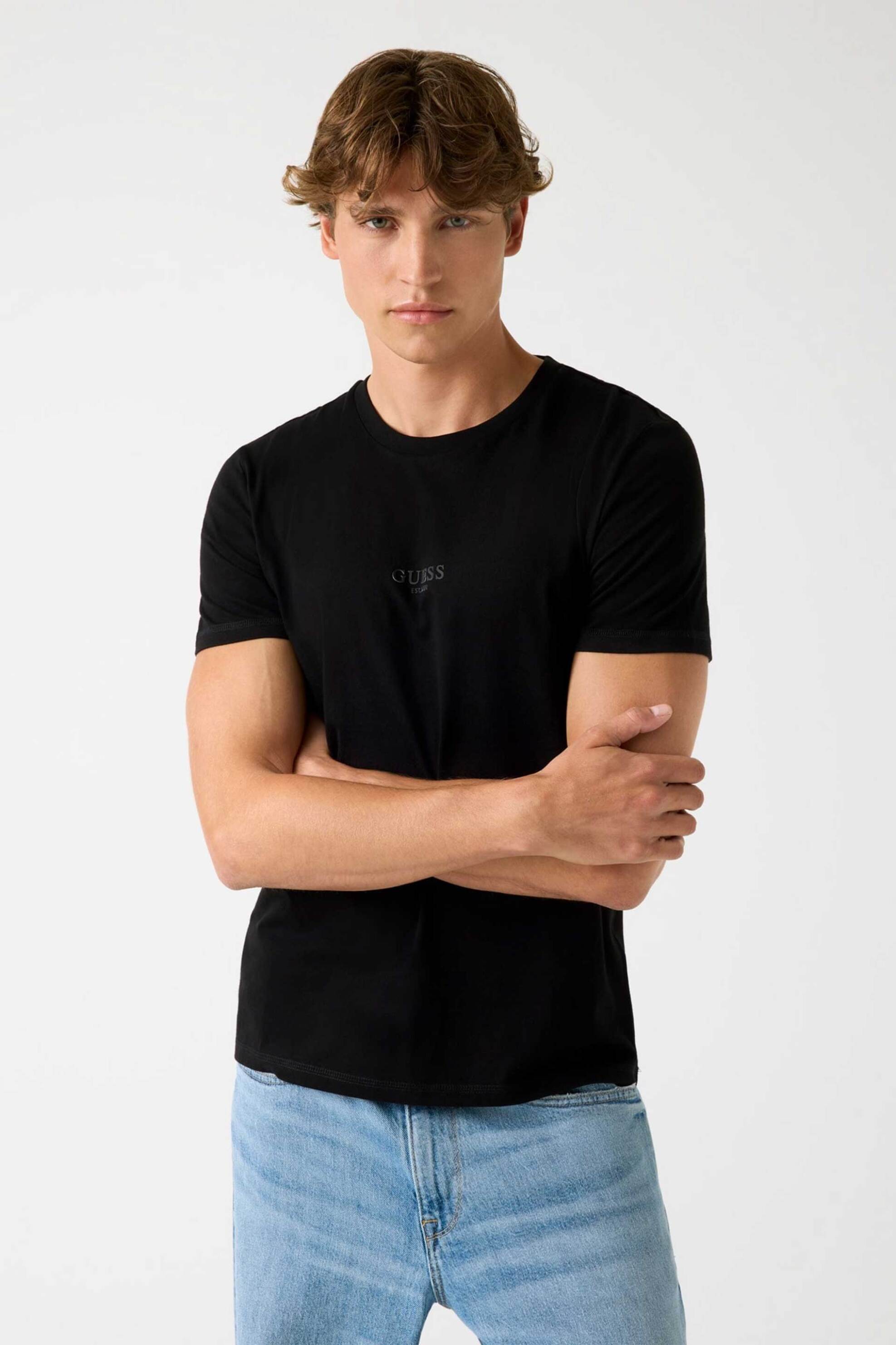 Guess ανδρικό T-shirt με κεντημένο λογότυπο Slim Fit - M2YI72I3Z14 Μαύρο