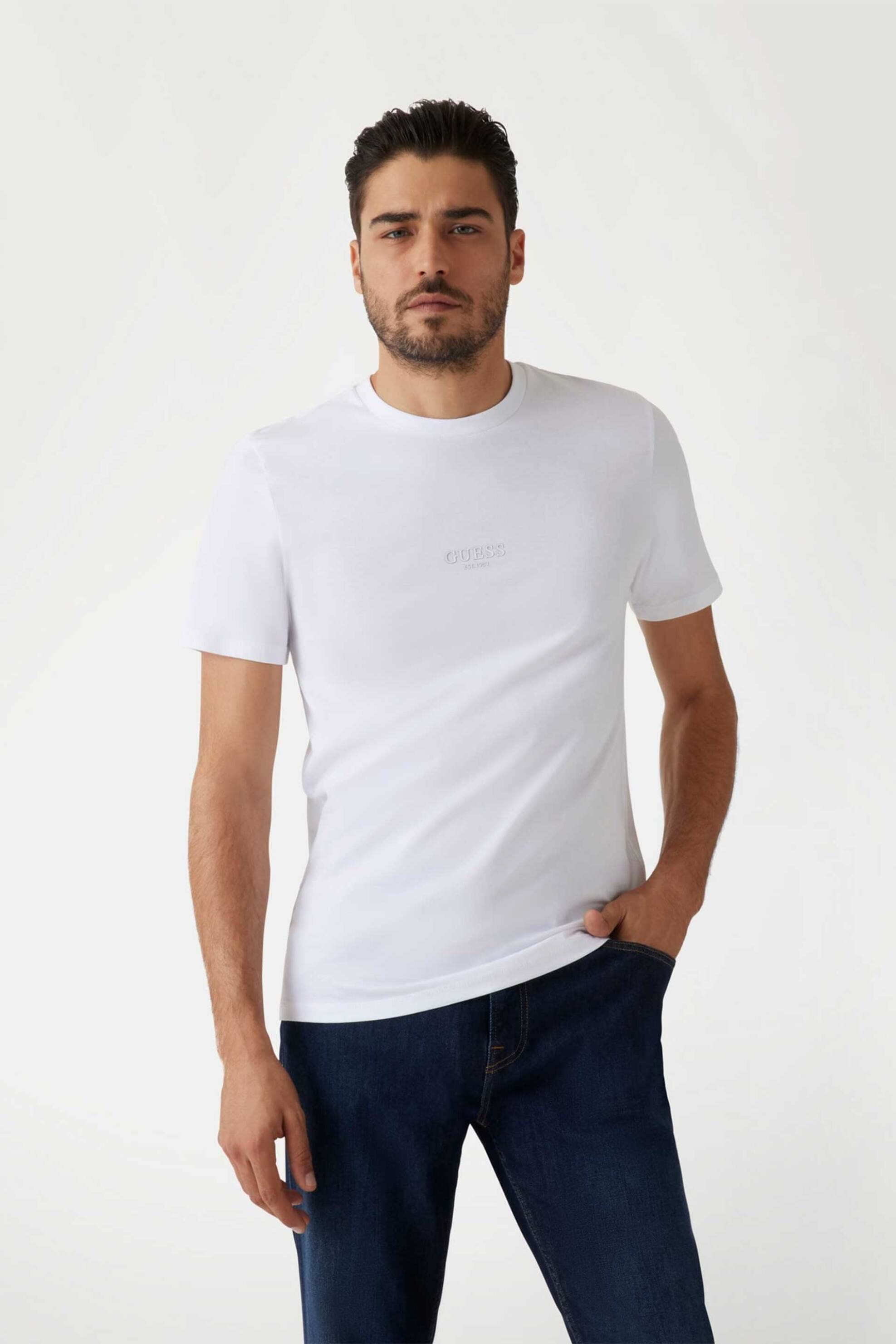 Guess ανδρικό T-shirt με κεντημένο λογότυπο Slim Fit - M2YI72I3Z14 Λευκό