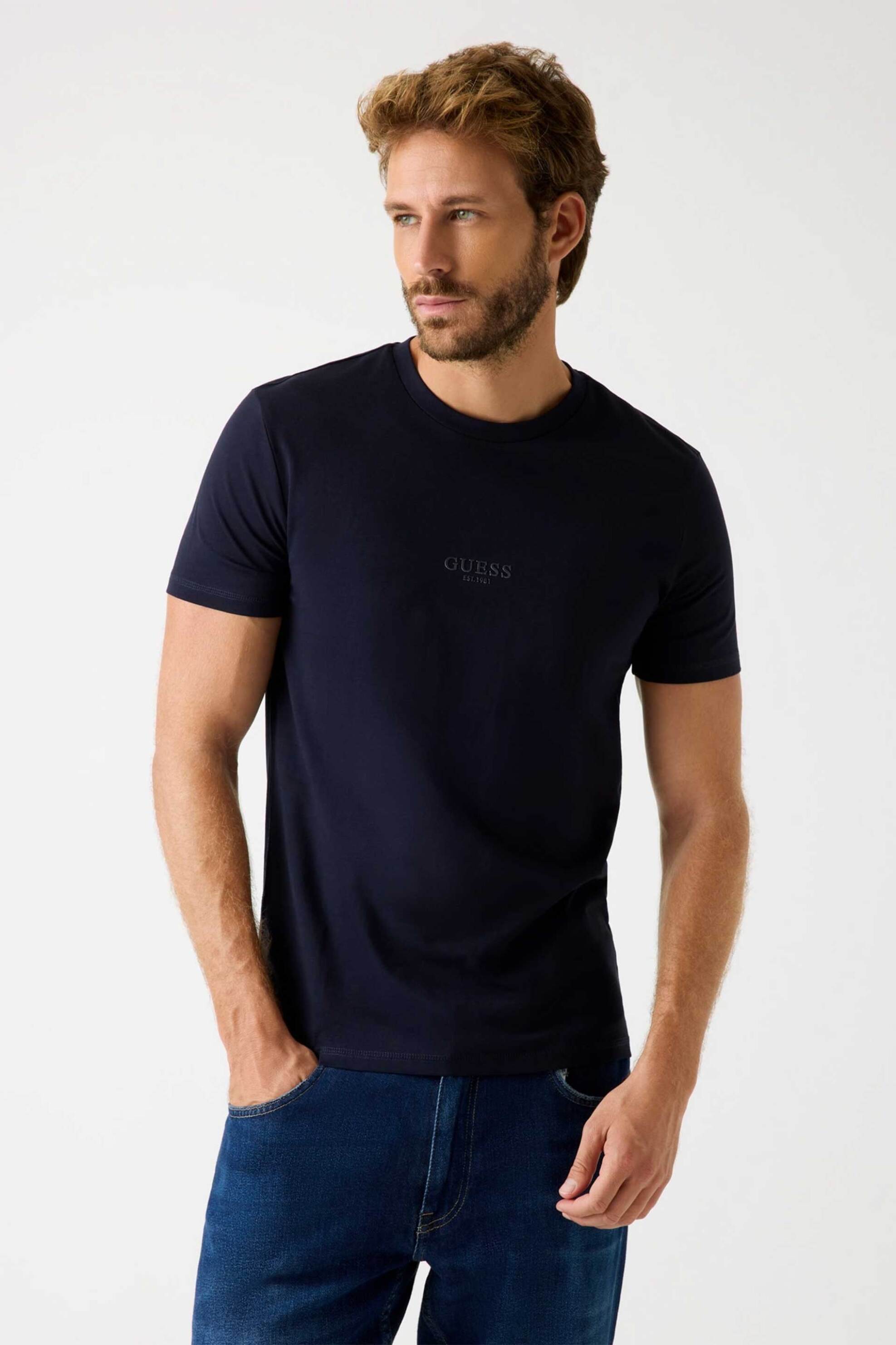 Guess ανδρικό T-shirt με κεντημένο λογότυπο Slim Fit - M2YI72I3Z14 Σκούρο Μπλε