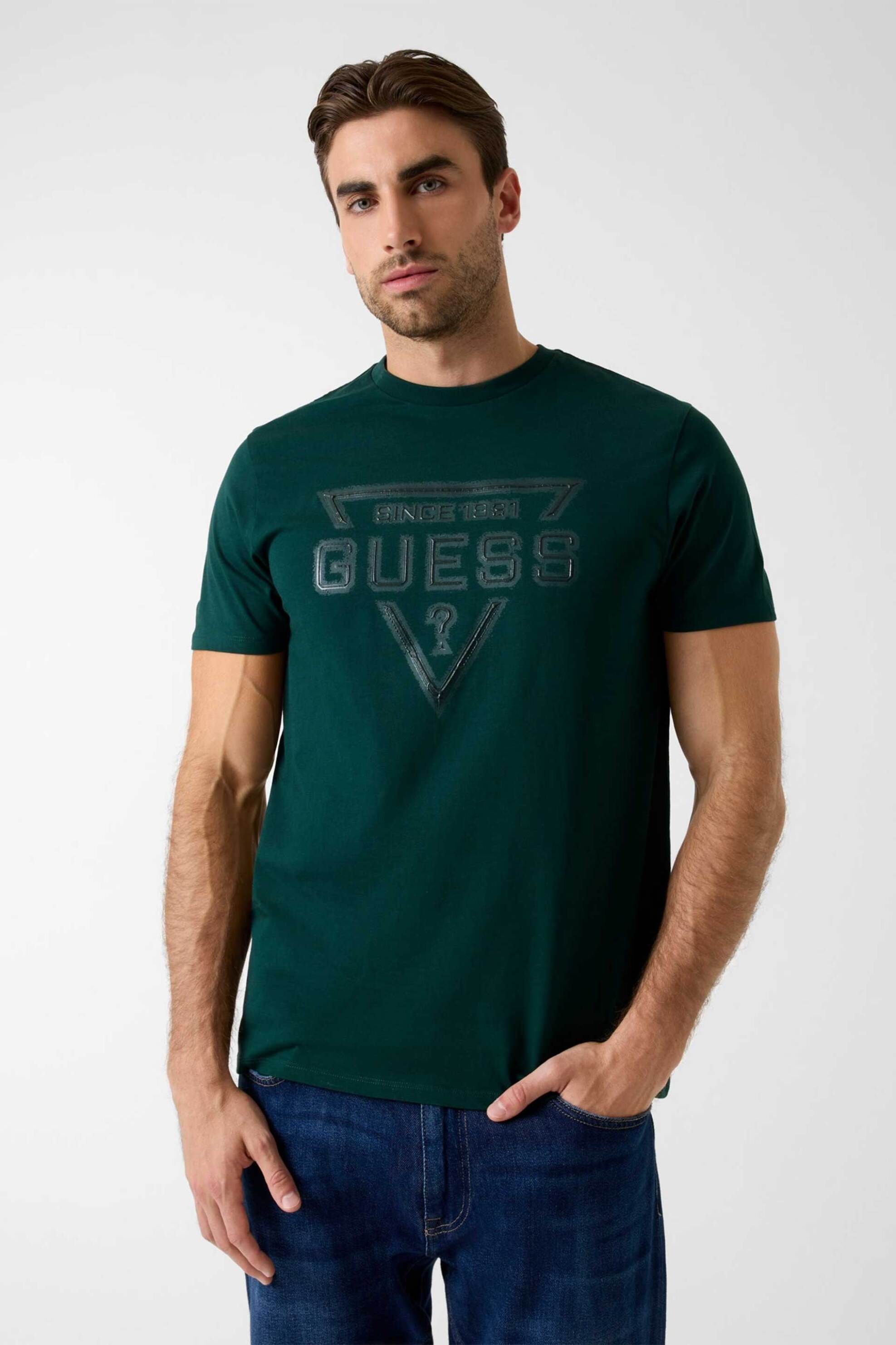 Guess ανδρικό T-shirt με τριγωνικό λογότυπο Slim Fit - M6RI09I3Z14 Πετρόλ
