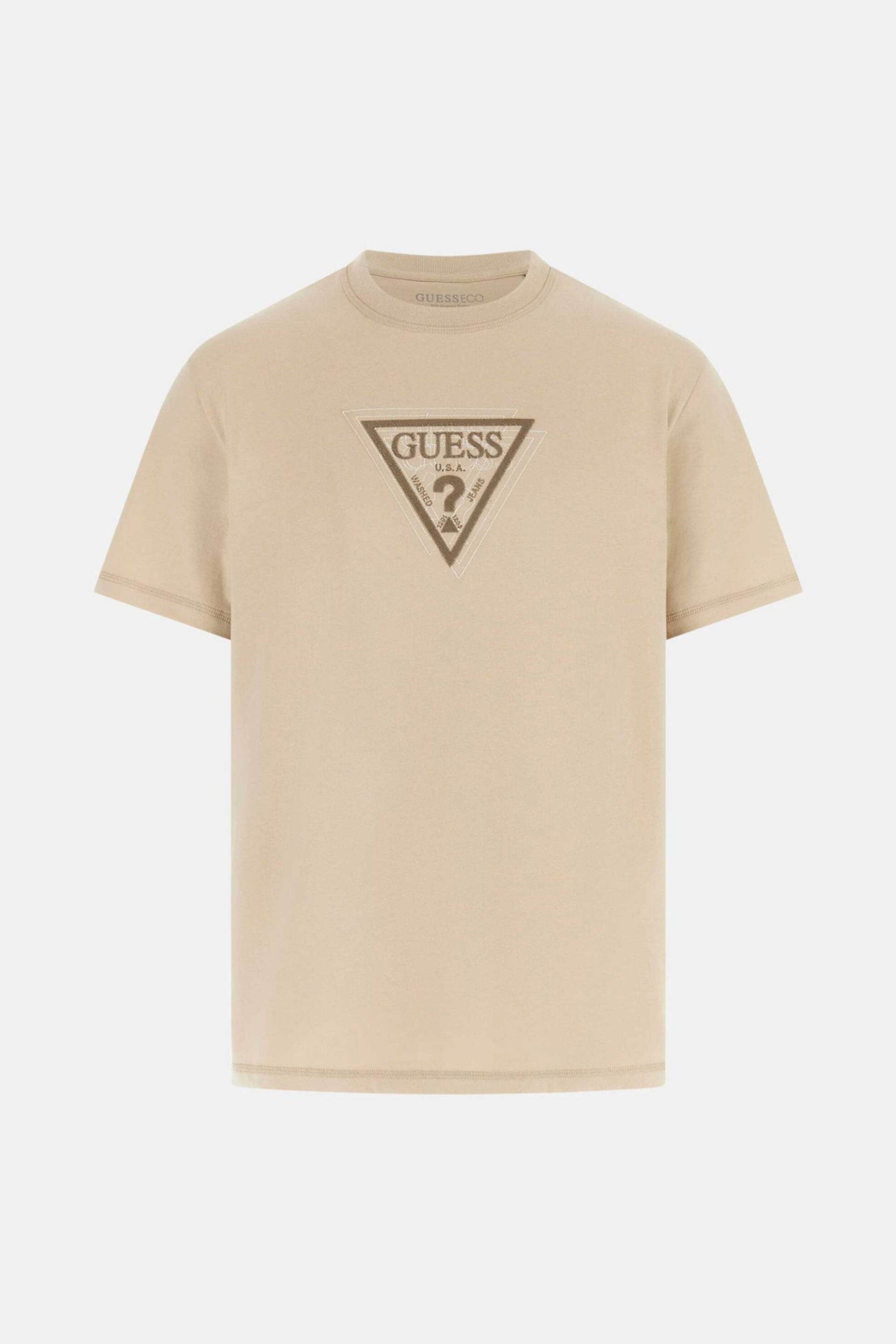 Guess Ανδρικό T-Shirt με Τριγωνικό Λογότυπο Regular Fit - M6Ri23K8Fq4 Μπεζ