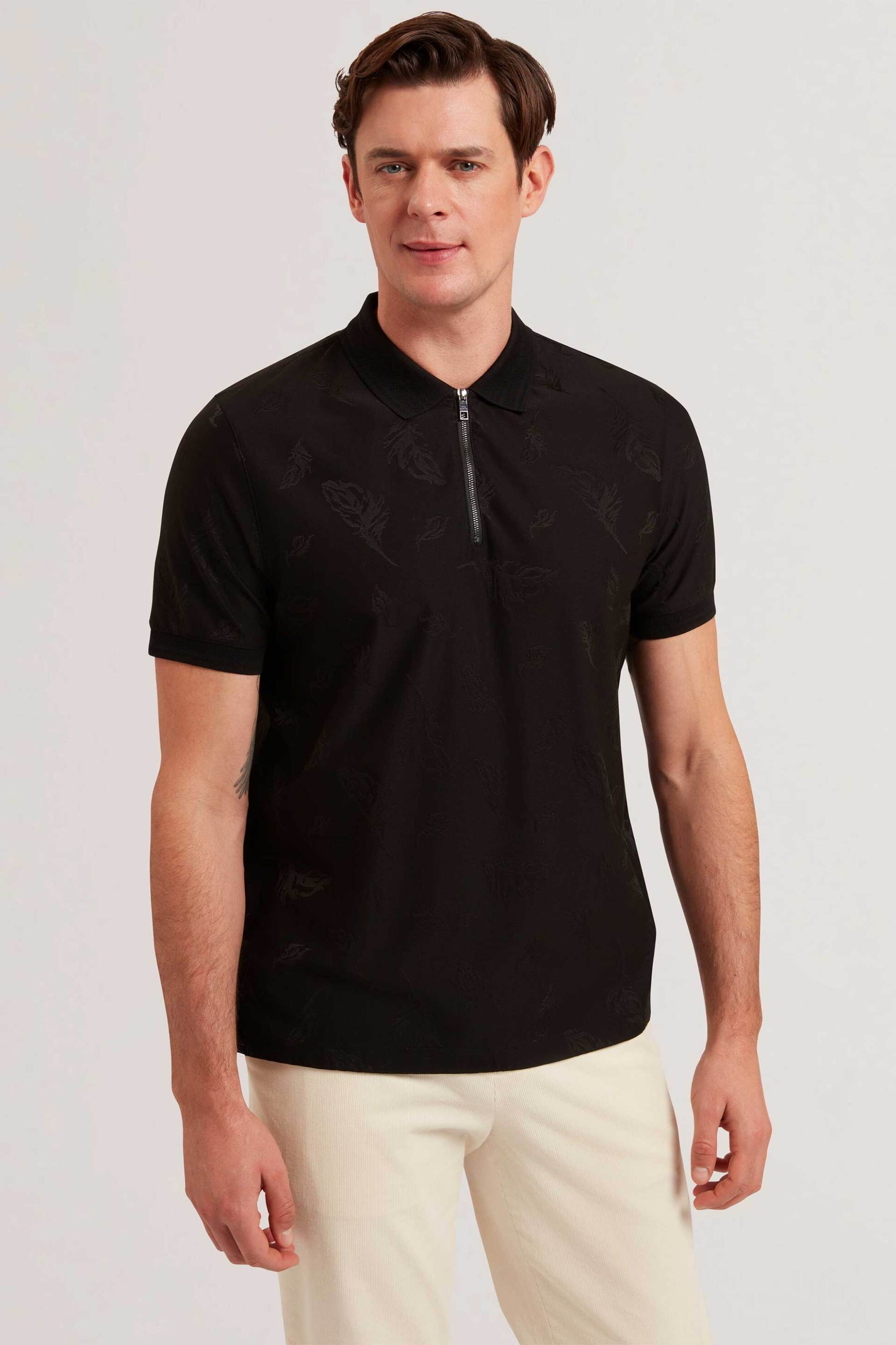 Ted Baker ανδρική μπλούζα πόλο κοντομάνικη με feather jacquard pattern και φερμουάρ Regular Fit "Neyack" - 276484 Μαύρο