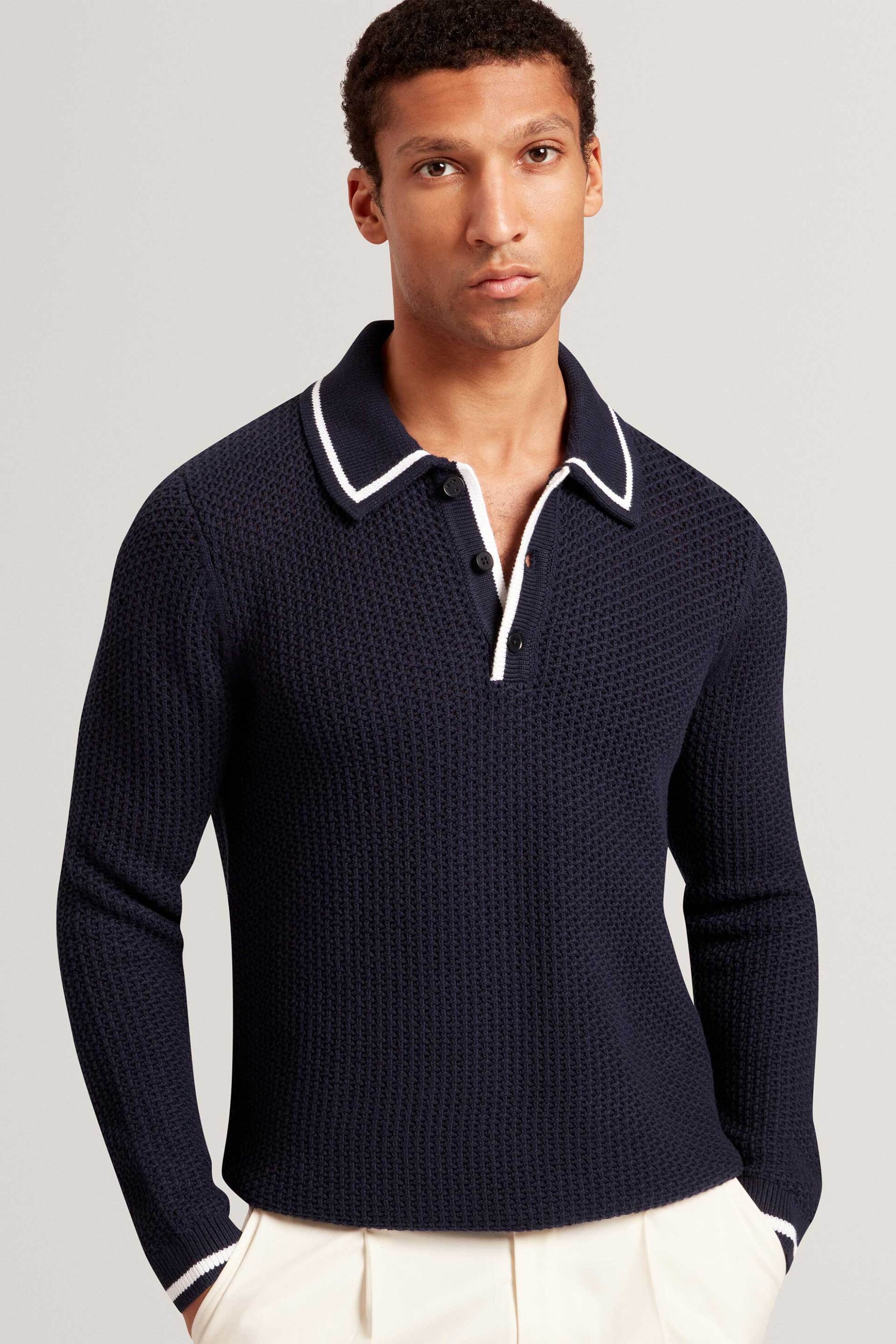 Ted Baker ανδρική πλεκτή μπλούζα πόλο με waffle pattern Relaxed Fit "Brucei" - 281499 Μπλε Σκούρο