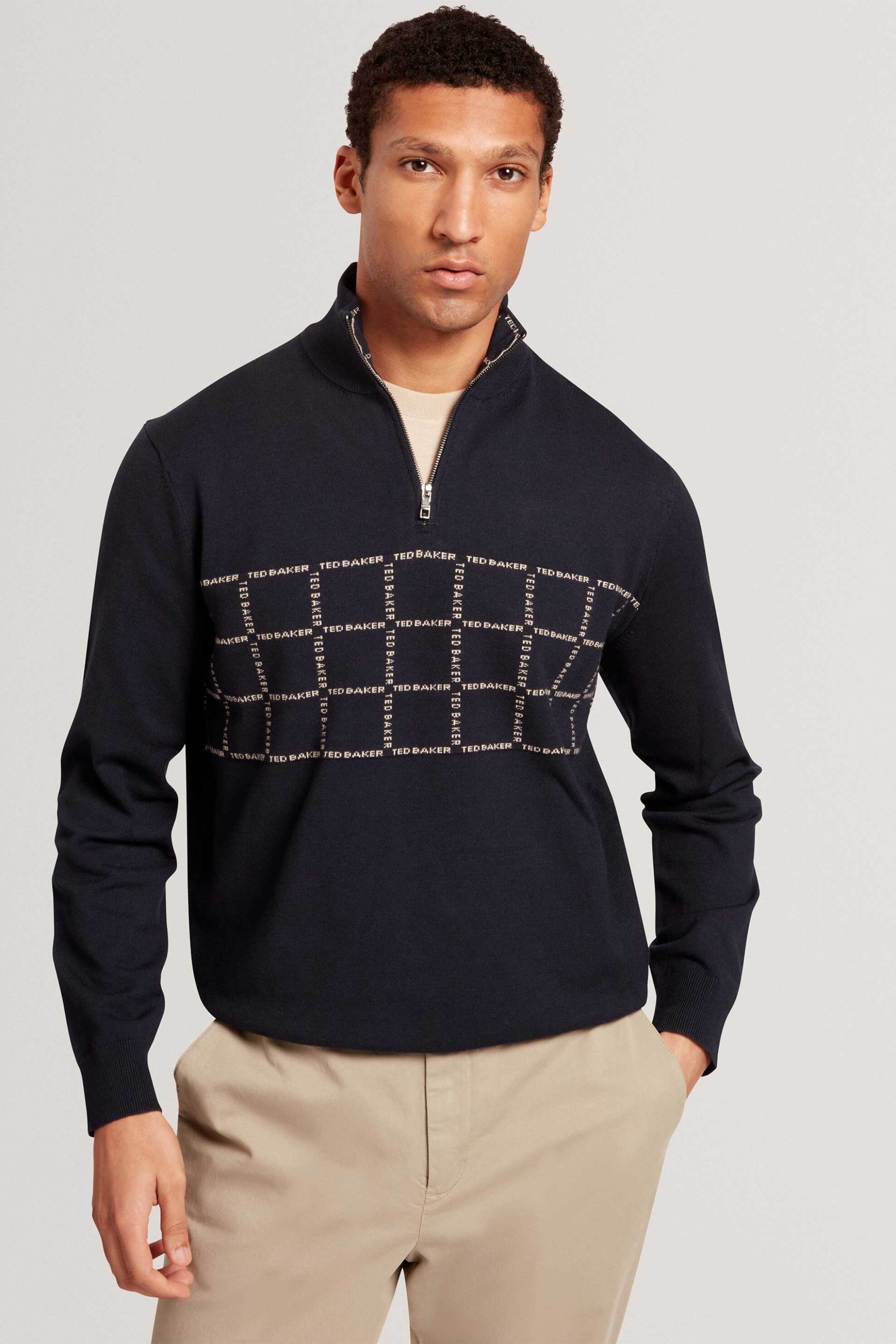 Ted Baker ανδρικό πουλόβερ με geometrical logo pattern και φερμουάρ 1/2 Regular Fit "Robinsn" - 281703 Μπλε Σκούρο