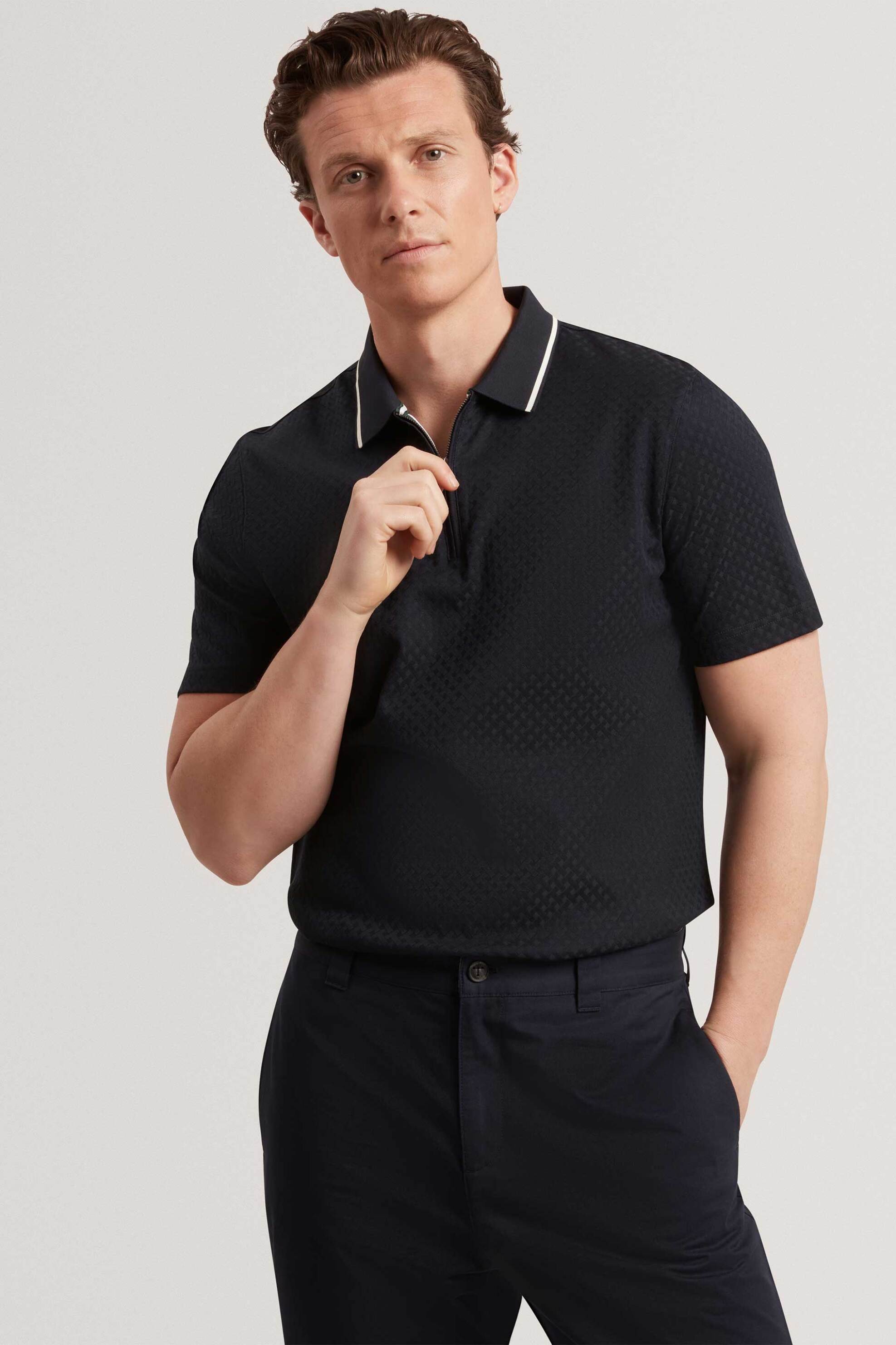 Ted Baker ανδρική μπλούζα πόλο με all-over T texture και φερμουάρ 1/2 Regular Fit "Cophen" - 281708 Μπλε Σκούρο