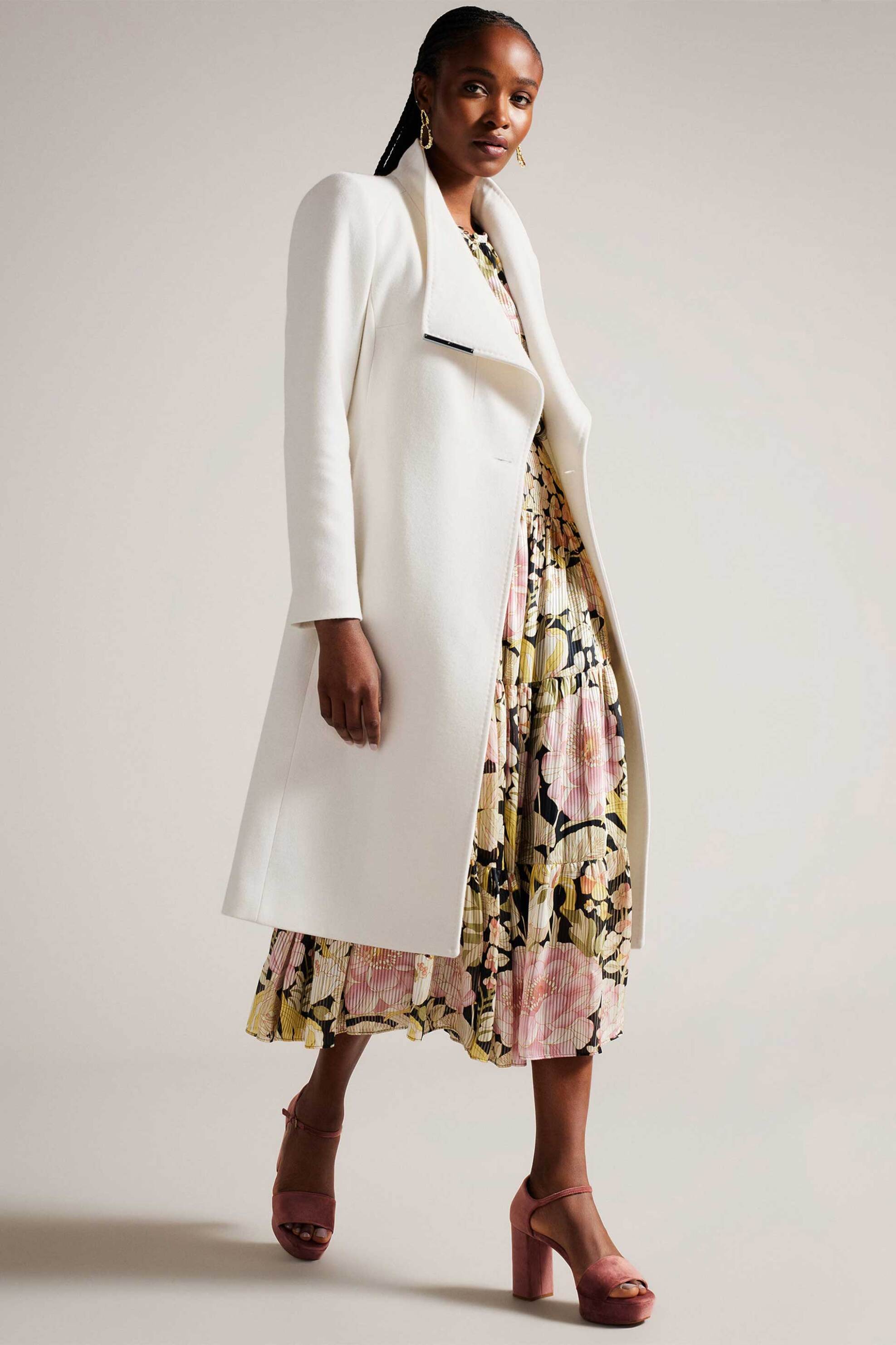 TED BAKER Ted Baker γυναικείο μάλλινο midi παλτό με ζώνη "Rose" - 249306 Εκρού