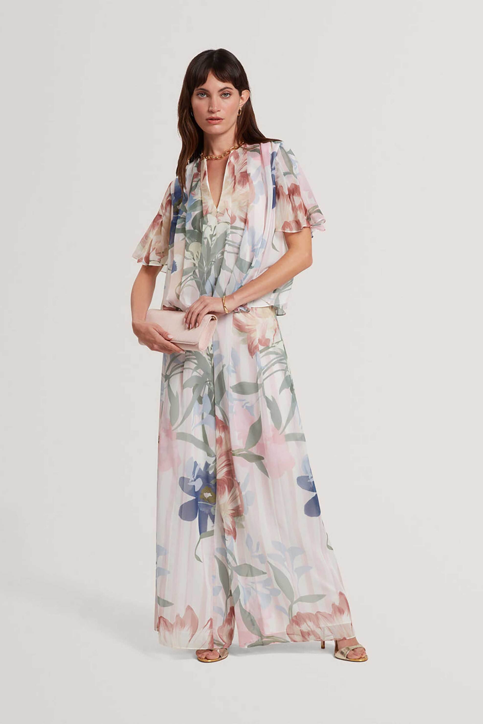 Ted Baker γυναικείο ψηλόμεσο παντελόνι πλισέ με floral print Wide Leg "Hurta" - 283392 Ροζ