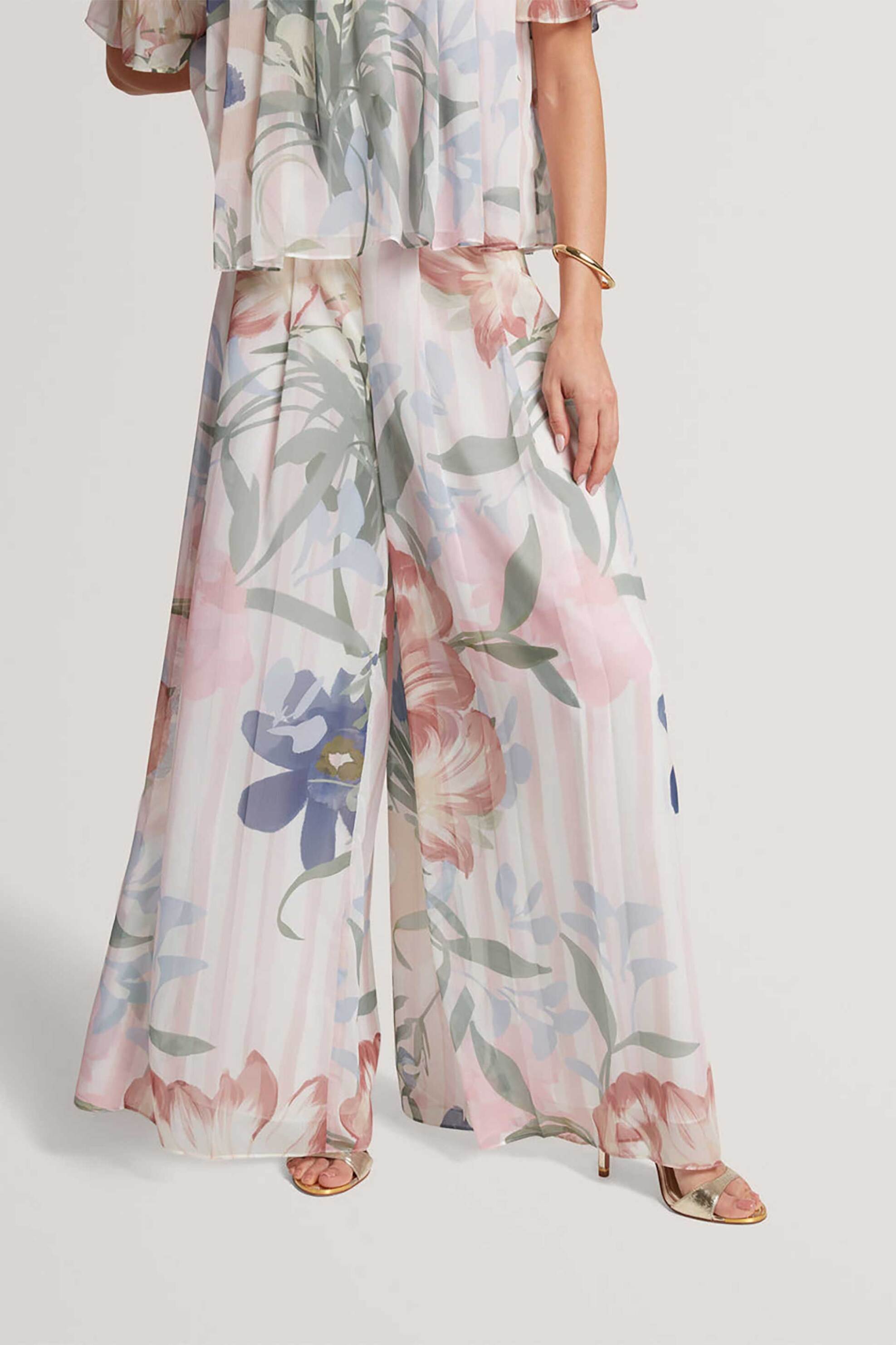TED BAKER Ted Baker γυναικείο ψηλόμεσο παντελόνι πλισέ με floral print Wide Leg "Hurta" - 283392 Ροζ - 2