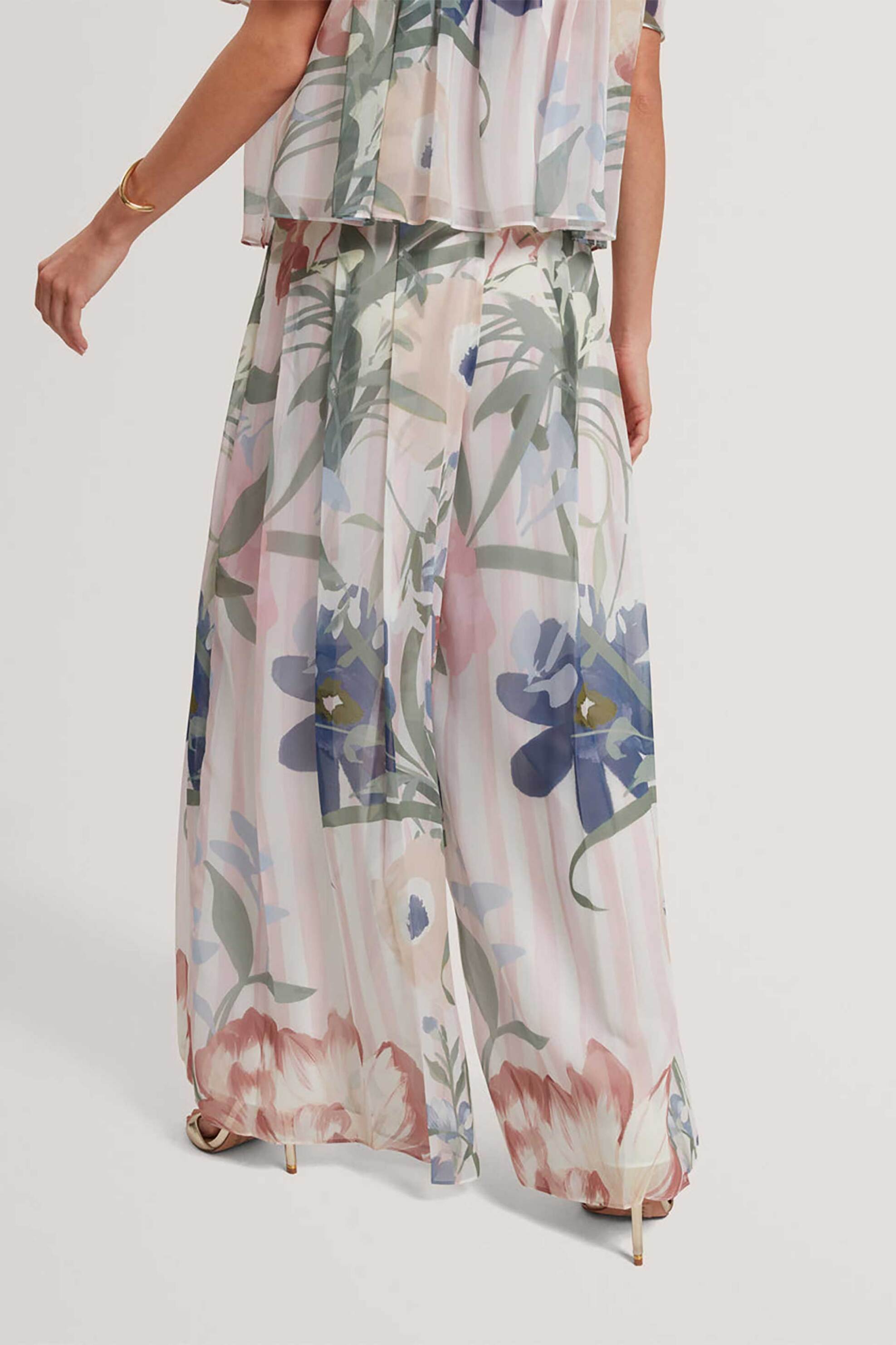 TED BAKER Ted Baker γυναικείο ψηλόμεσο παντελόνι πλισέ με floral print Wide Leg "Hurta" - 283392 Ροζ - 3