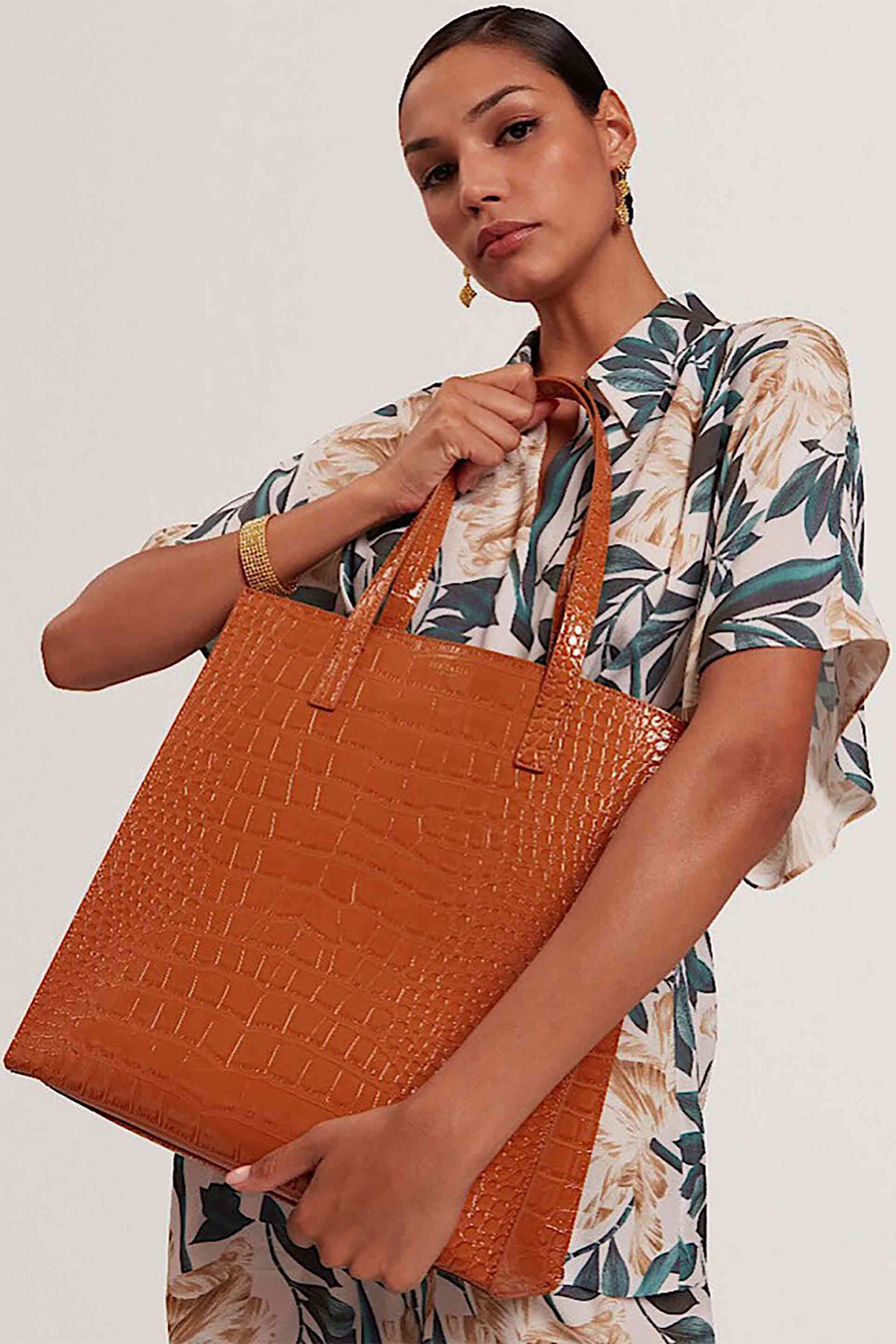 Ted Baker Γυναικεία Τσάντα Ώμου με Κροκό Σχέδιο Wenella - 282817 Καφέ Ανοιχτό
