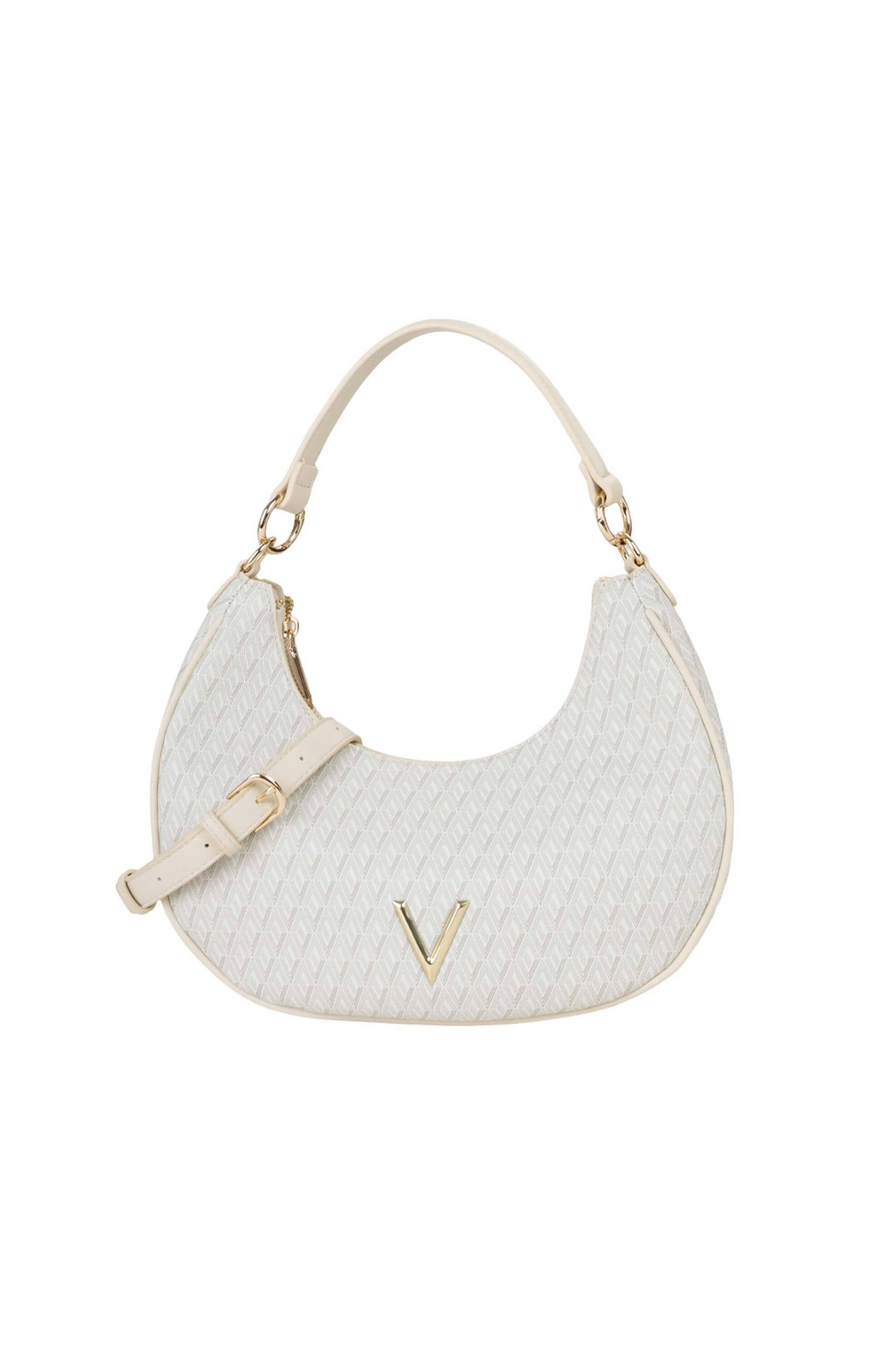 Valentino γυναικεία τσάντα ώμου hobo με μεταλλικό λογότυπο και all-over logo print "Queen Re" - 73LVBS9OX07/QUE Εκρού