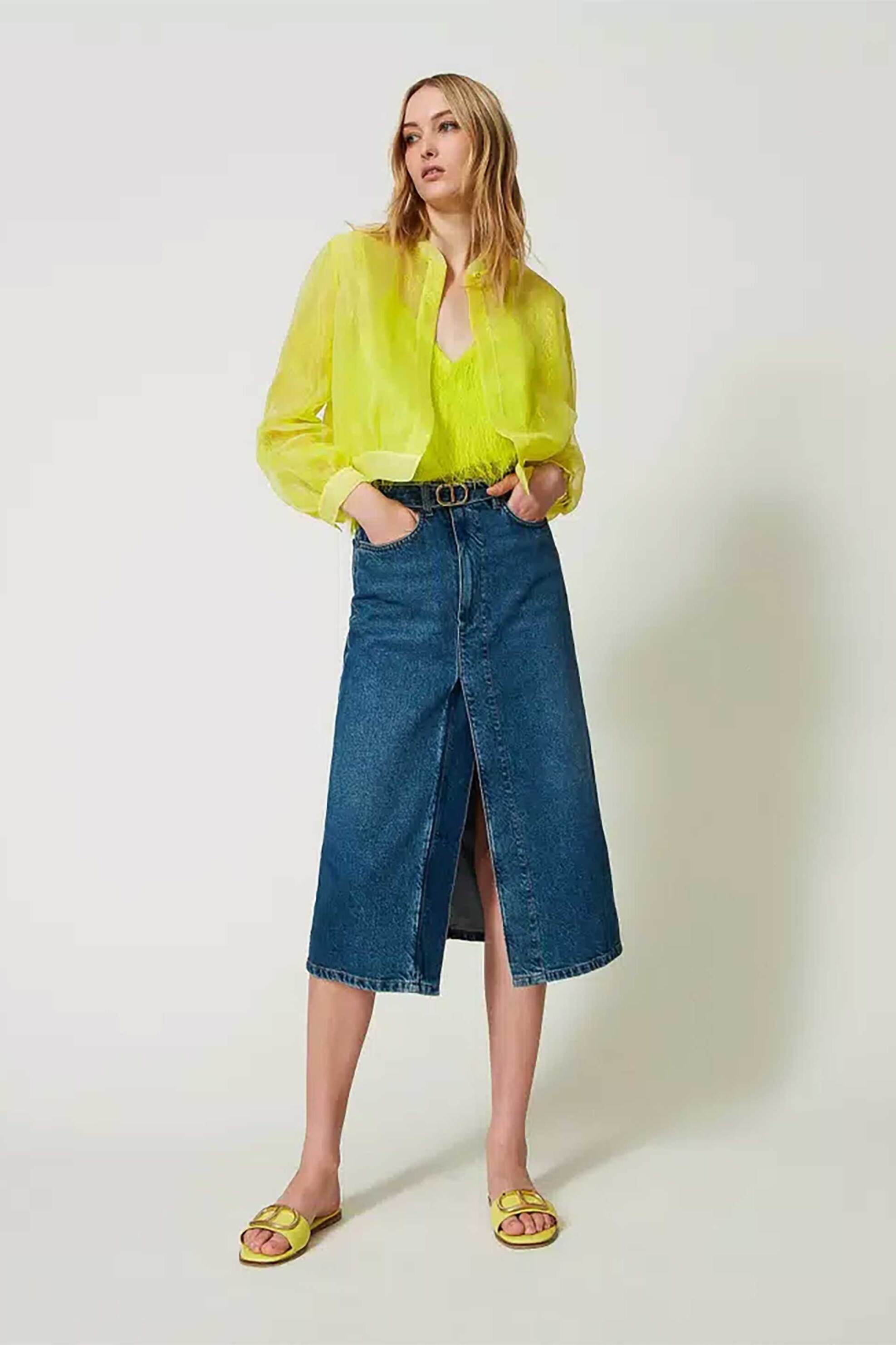  Twinset γυναικεία denim midi φούστα μονόχρωμη με τσέπες και άνοιγμα μπροστά - 241TP2661 Denim Blue 2025