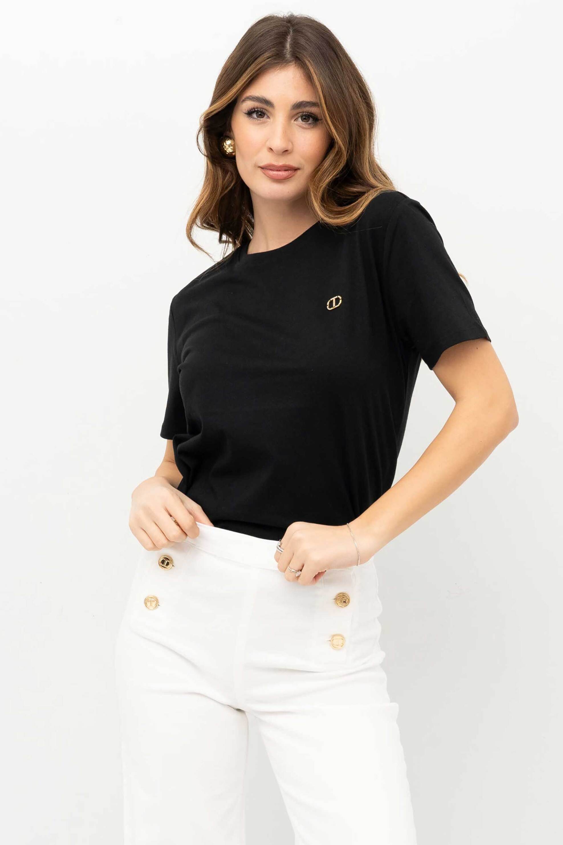  Twinset γυναικείο βαμβακερό T-Shirt με μεταλλικό λογότυπο - 251TP2074 Μαύρο 2025