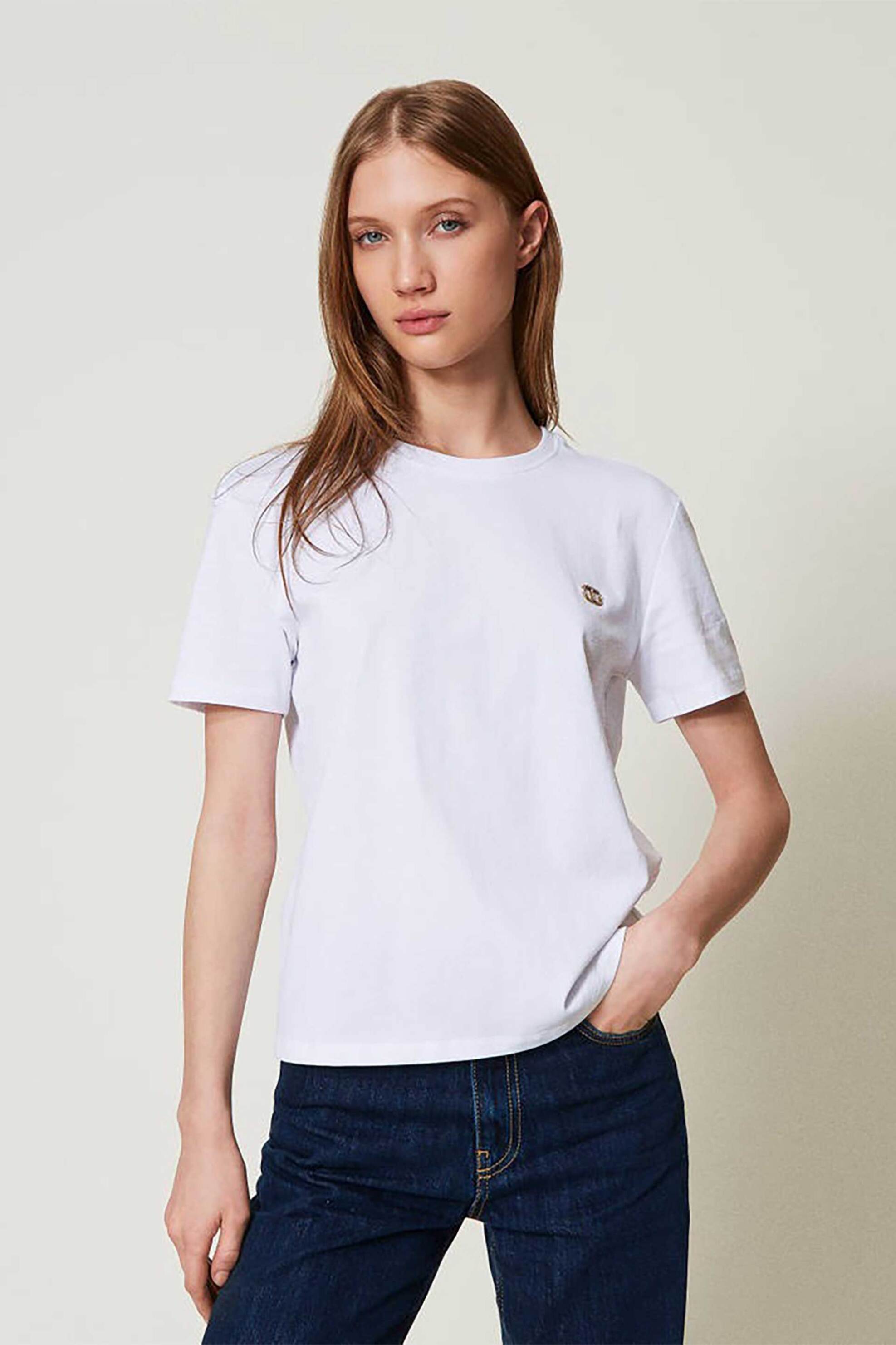  Twinset γυναικείο βαμβακερό T-Shirt με μεταλλικό λογότυπο - 251TP2074 Λευκό 2025