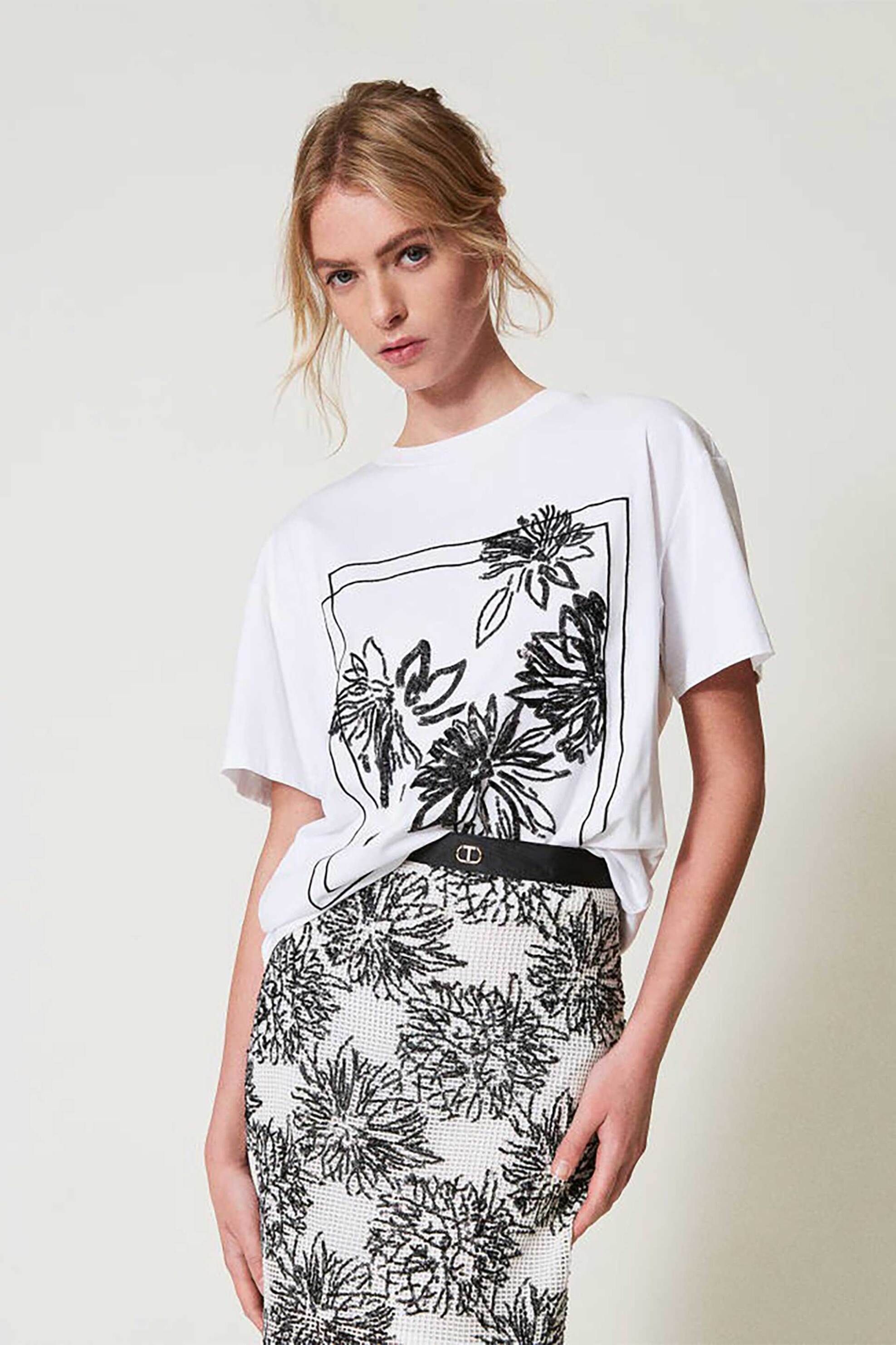  Twinset γυναικείο βαμβακερό T-Shirt με παγιέτα - 251TE2130 Λευκό 2025