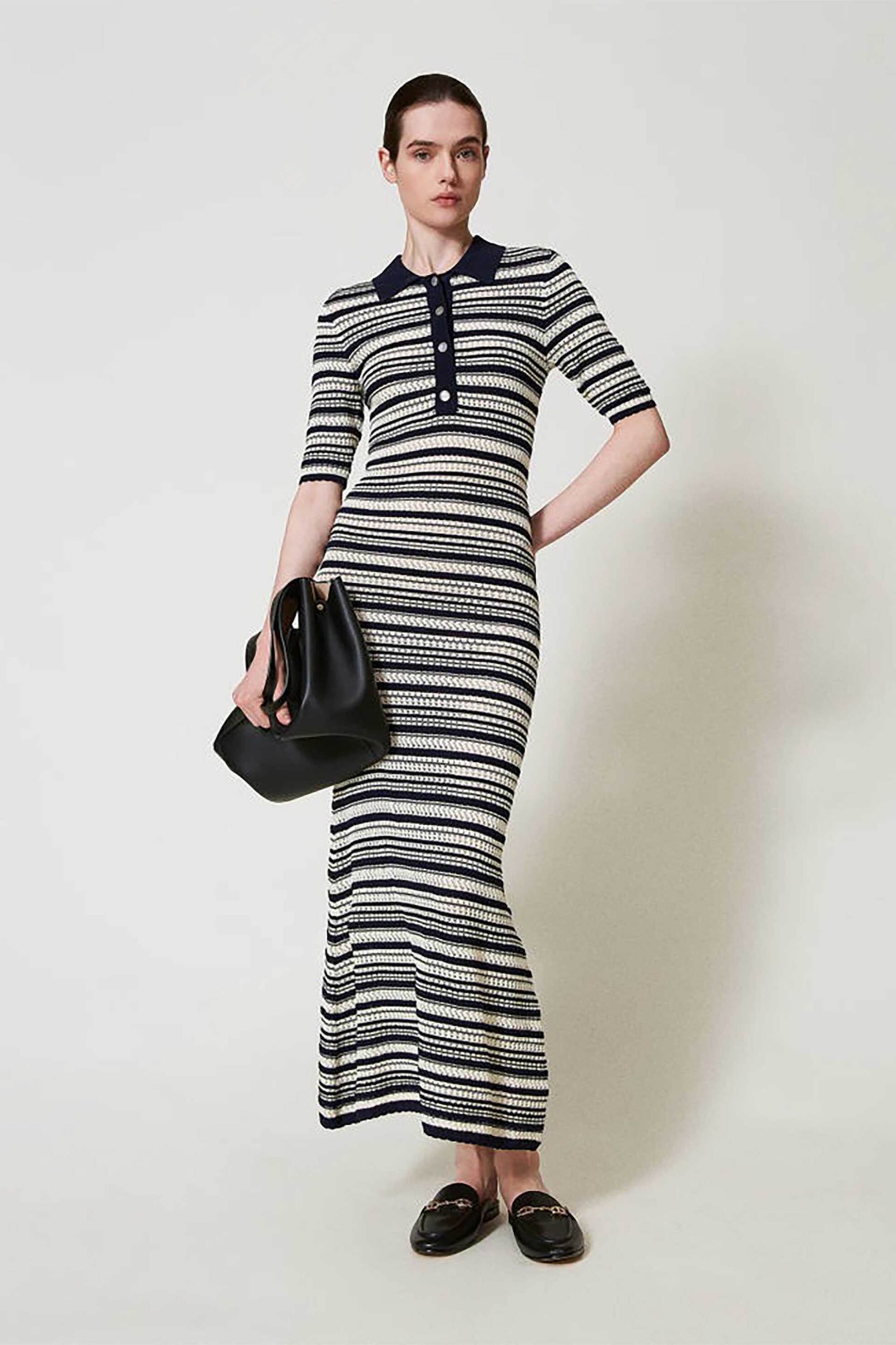 TWINSET Twinset γυναικείο φόρεμα maxi ριγέ με πόλο γιακά - 251TP3190 Μπλε Σκούρο