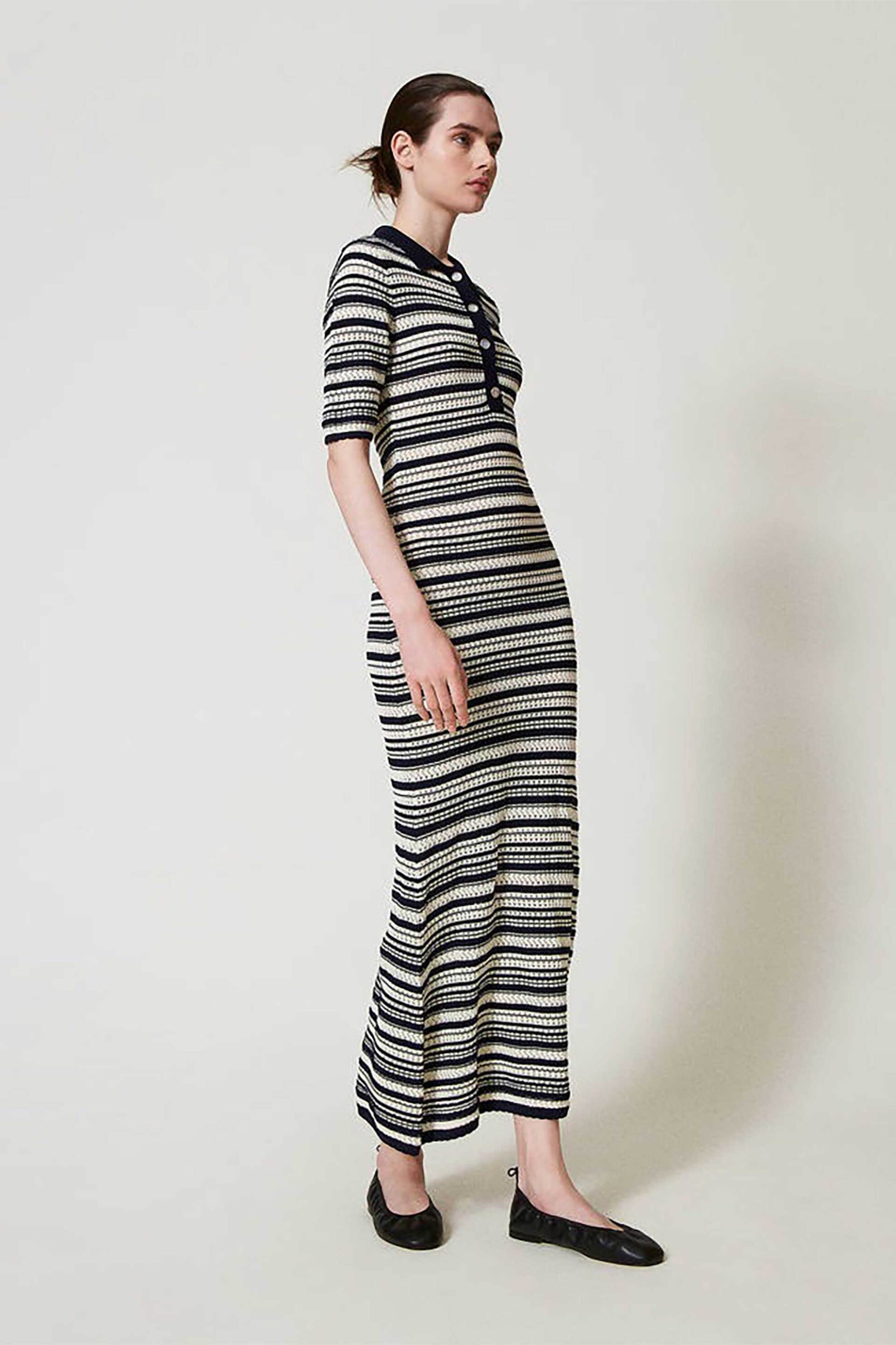Twinset γυναικείο φόρεμα maxi ριγέ με πόλο γιακά - 251TP3190 Μπλε Σκούρο φωτογραφία