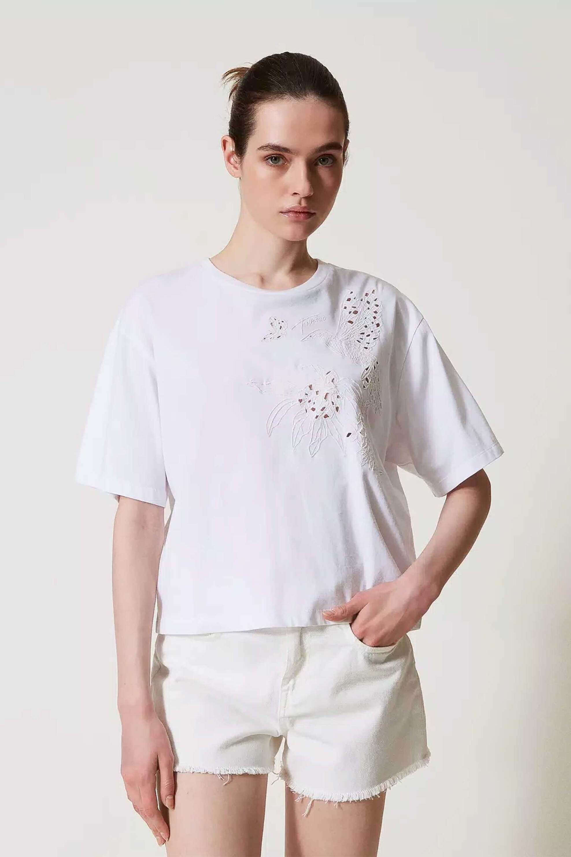 Twinset γυναικείο βαμβακερό T-Shirt με κέντημα - 251TP2730 Λευκό 2025