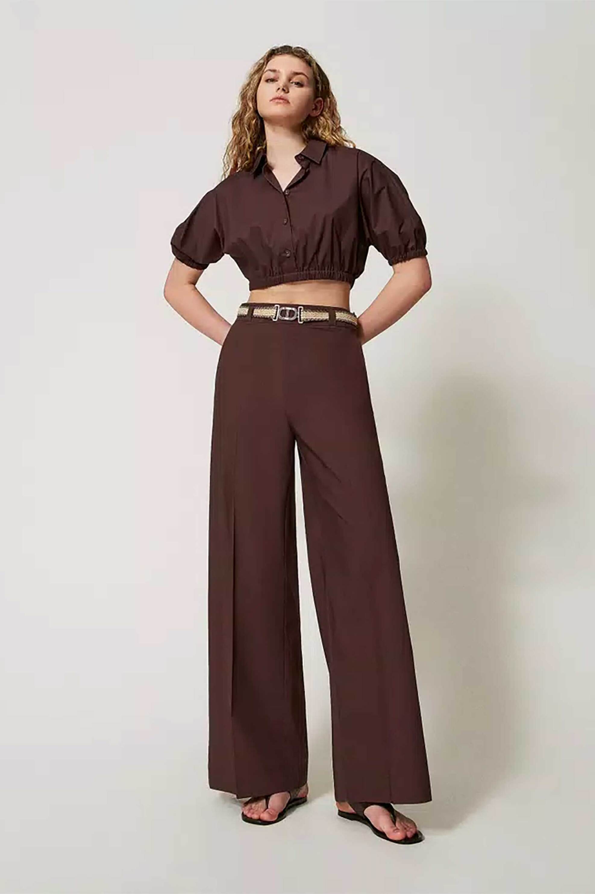  Twinset γυναικείο παντελόνι με ζώνη - 251TT2105 Καφέ 2025