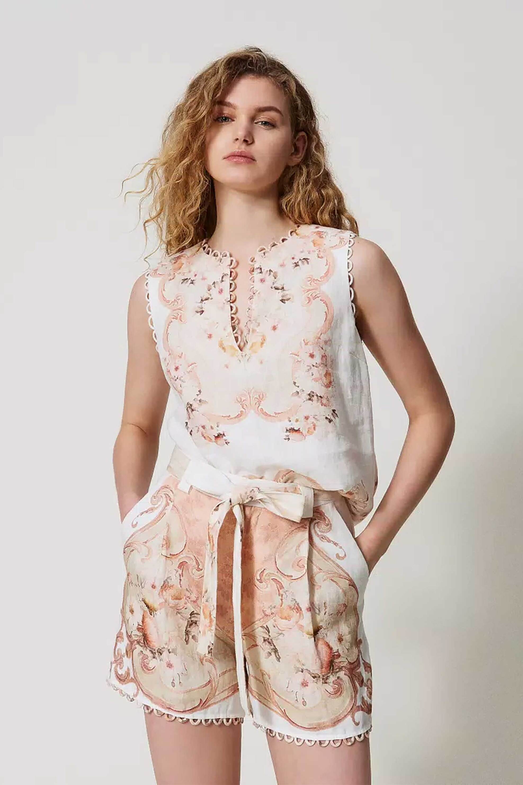  Twinset γυναικεία μπλούζα από λινό με εμπριμέ print - 251TT2442 Ροζ 2025