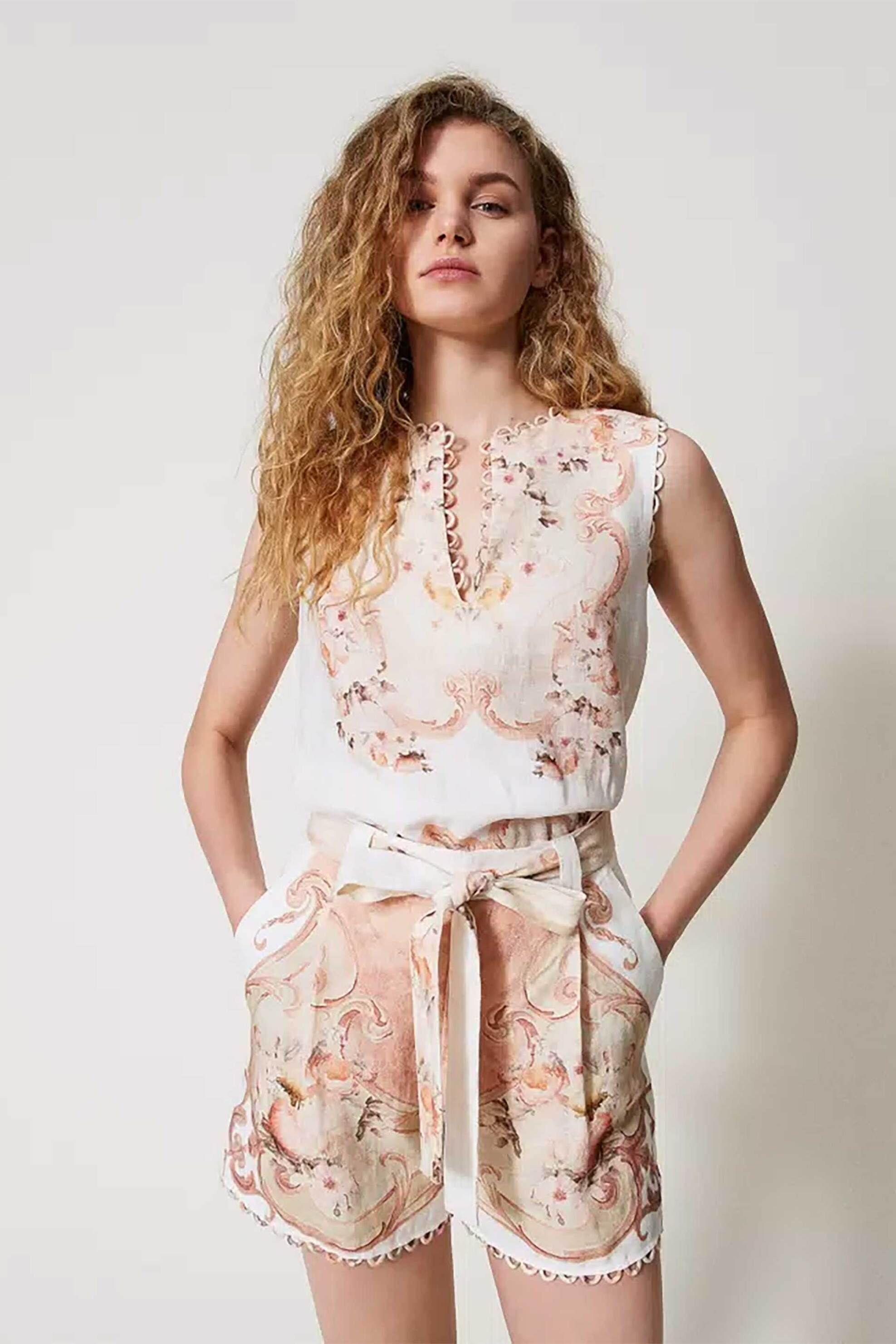  Twinset γυναικείο σορτς λινό με εμπριμέ print - 251TT2443 Ροζ 2025