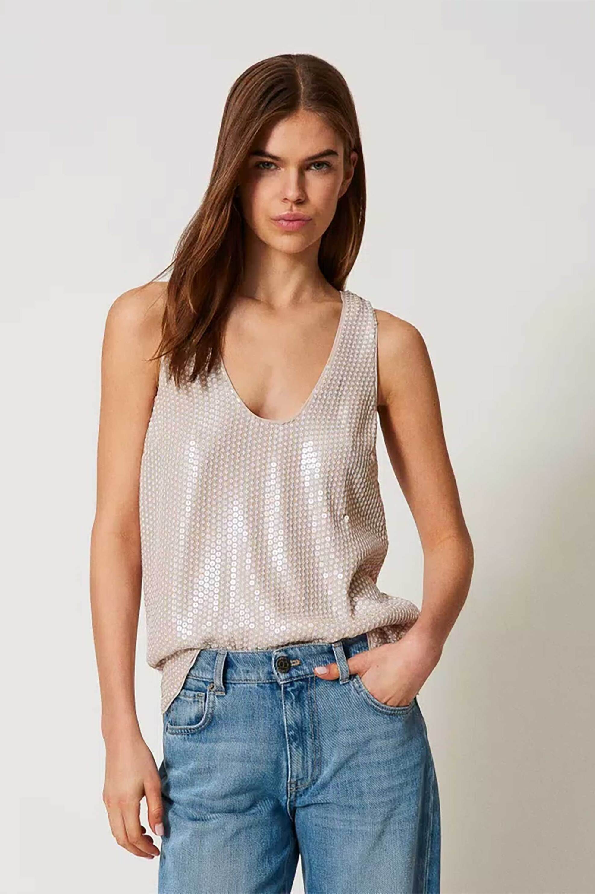  Twinset γυναικείο τοπ αμάνικο με παγιέτα - 251TT2131 Εκρού 2025