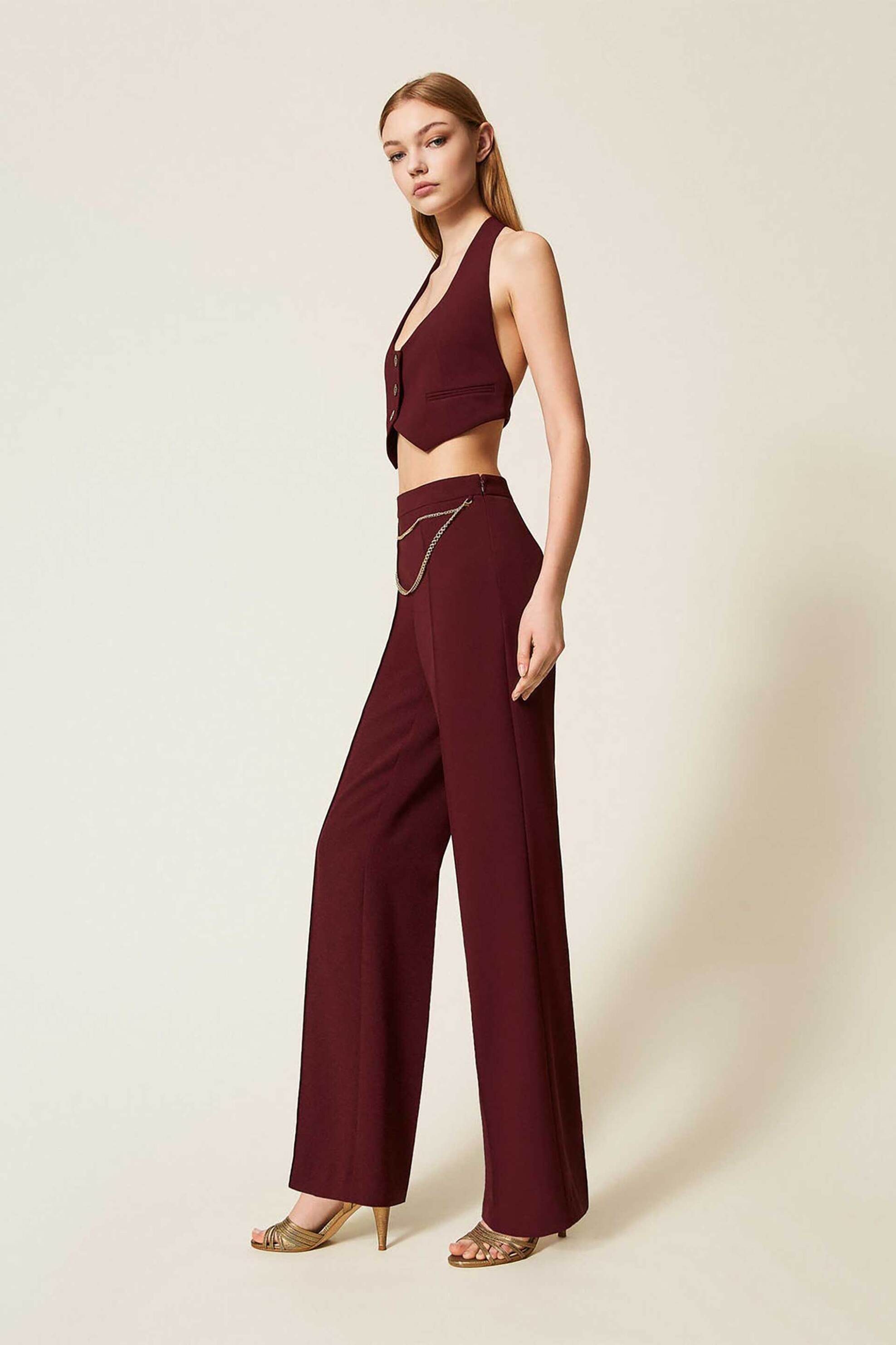 TWINSET Twinset γυναικείο παντελόνι crepe ψηλόμεσο με ζώνη - 252TP2281 Μπορντό - 3
