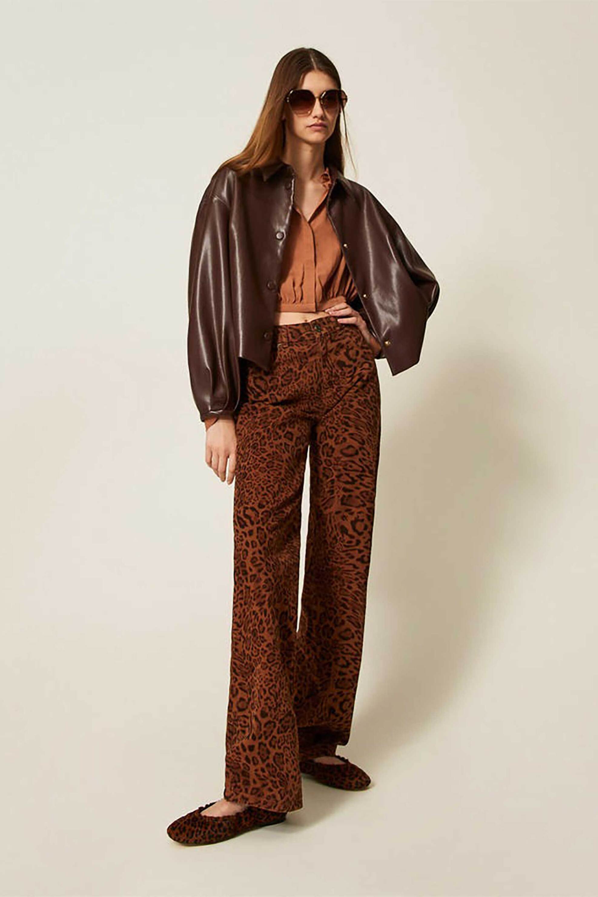 TWINSET Twinset γυναικείο παντελόνι animal print Straight Fit - 252TP2580 Καφέ