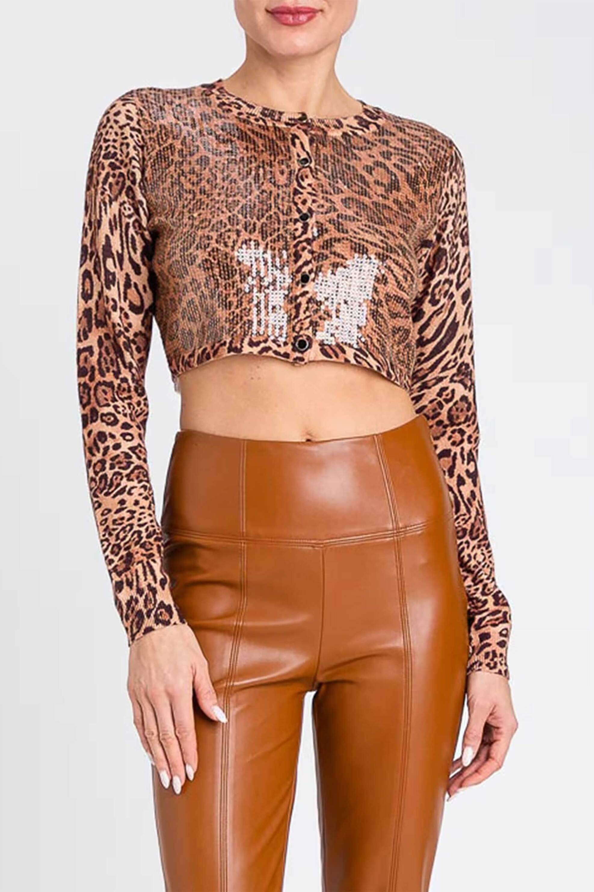 TWINSET Twinset γυναικείο cropped τοπ πλεκτό με animal print και παγιέτα - 252TP3611 Καφέ