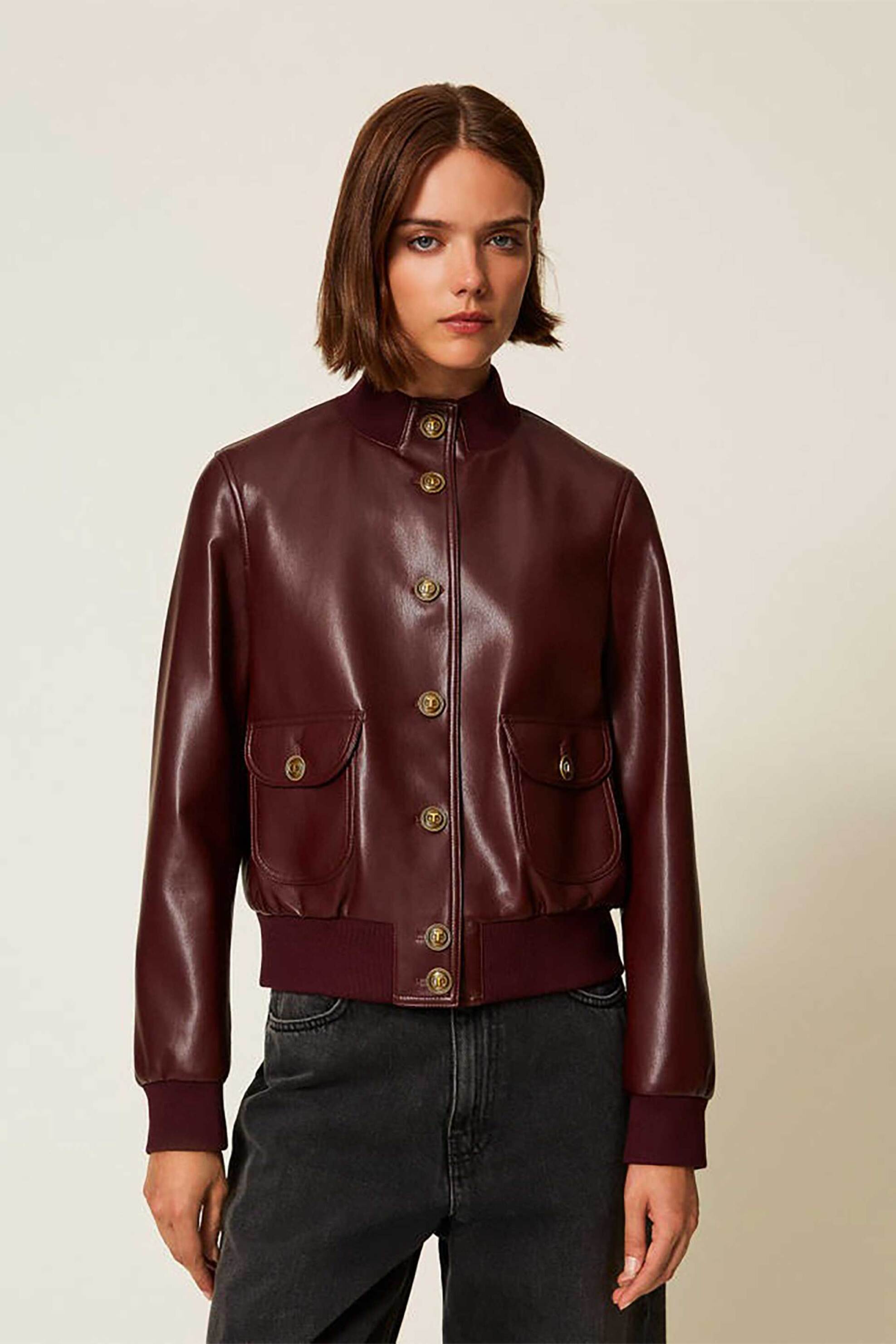 Twinset γυναικείο faux leather jacket με κουμπιά