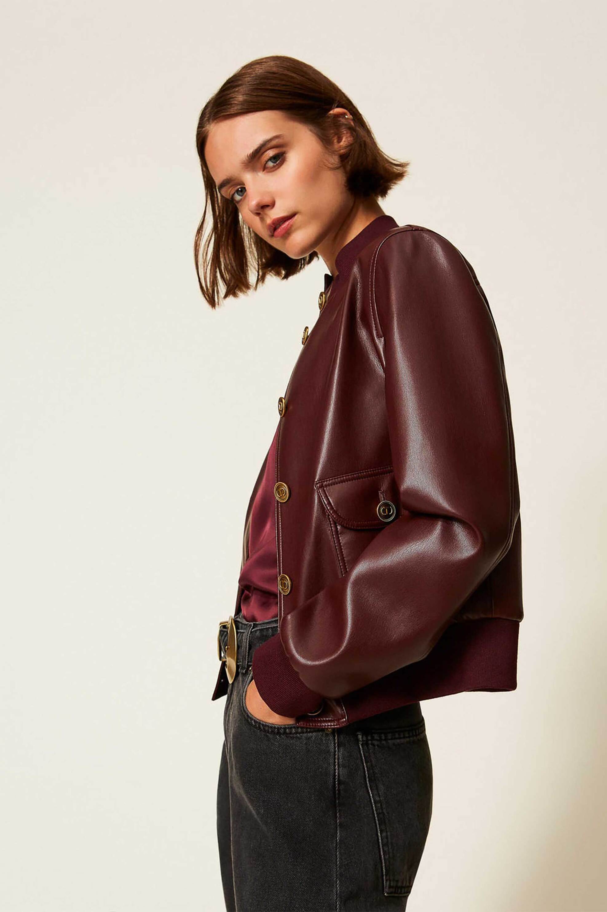 Twinset γυναικείο faux leather jacket με κουμπιά - 252TP2232 Μπορντό φωτογραφία