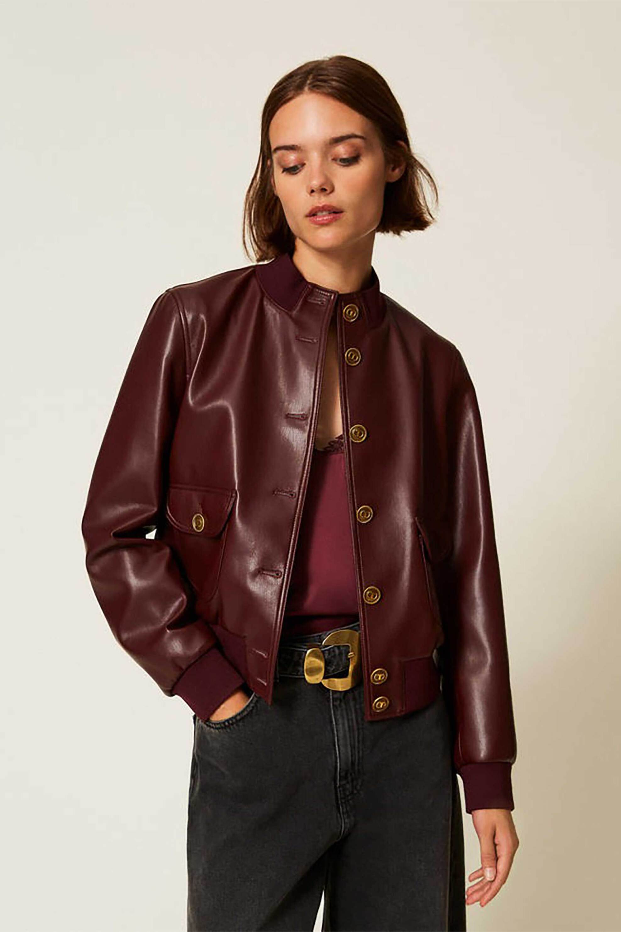 Twinset γυναικείο faux leather jacket με κουμπιά - 252TP2232 Μπορντό φωτογραφία