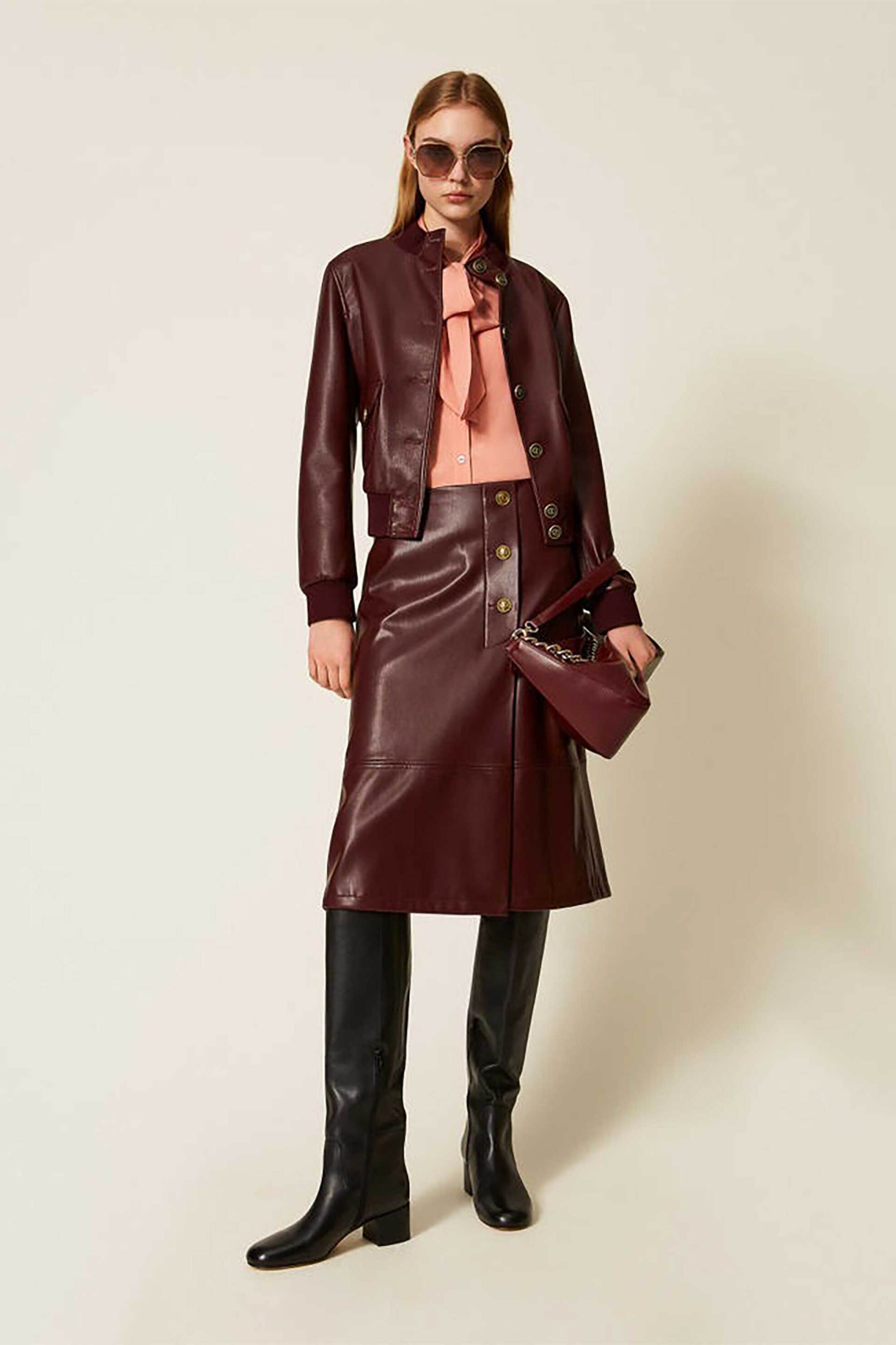 TWINSET Twinset γυναικεία midi φούστα faux leather jacket με κουμπιά - 252TP2233 Μπορντό