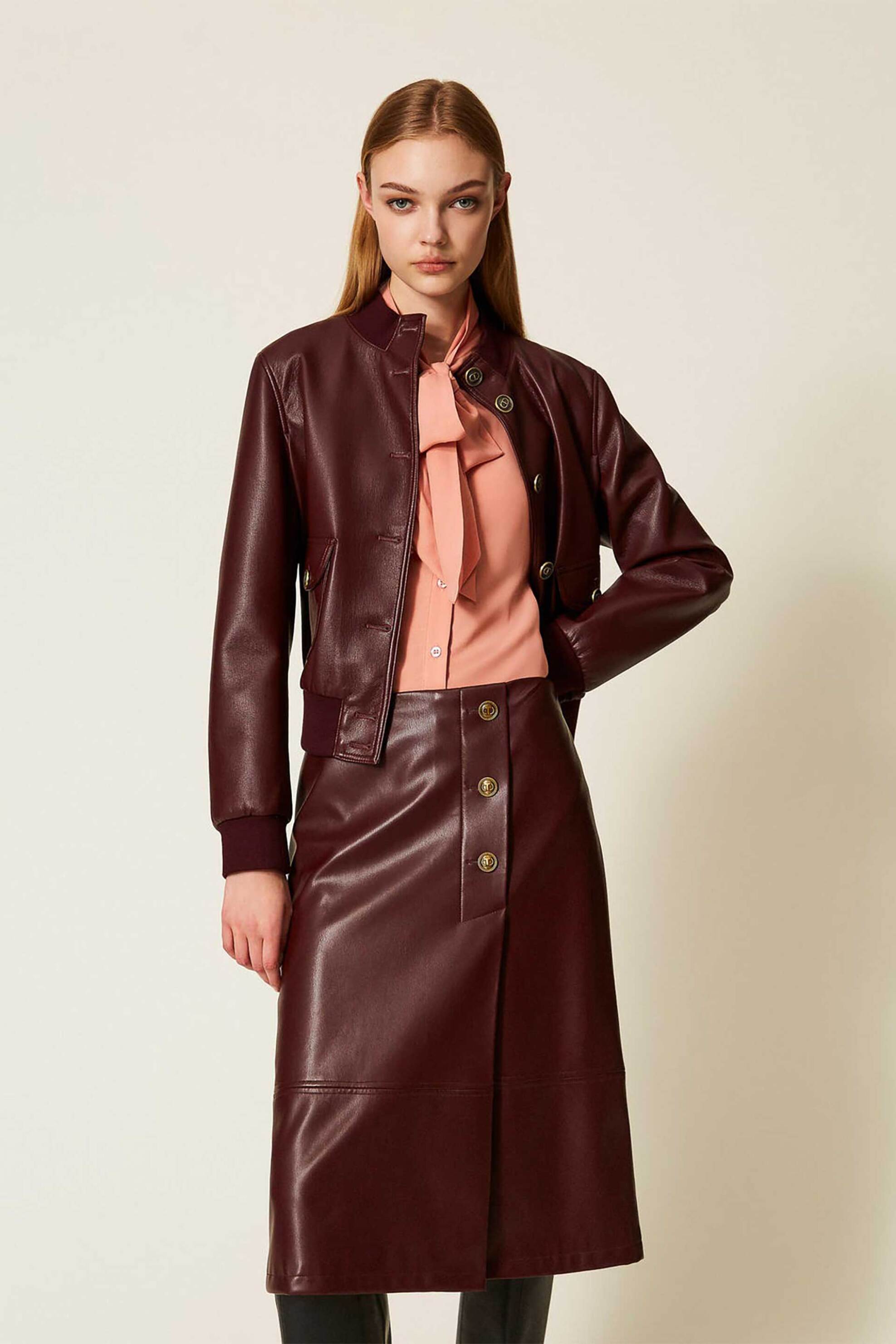 Twinset γυναικεία midi φούστα faux leather jacket με κουμπιά - 252TP2233 Μπορντό φωτογραφία