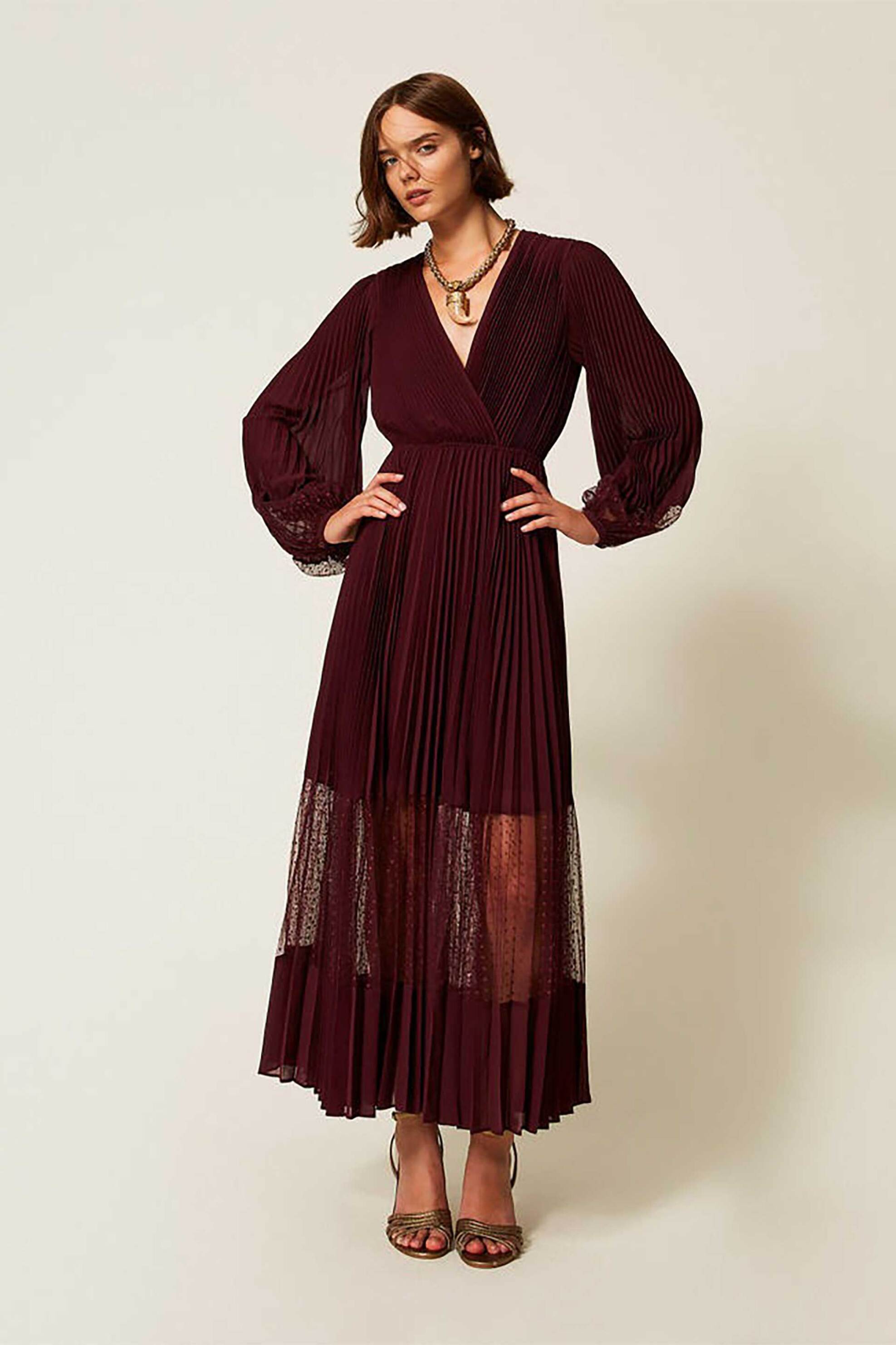 TWINSET Twinset γυναικείο maxi φόρεμα πλισέ με ημιδιαφάνεια - 252TP2641 Μπορντό